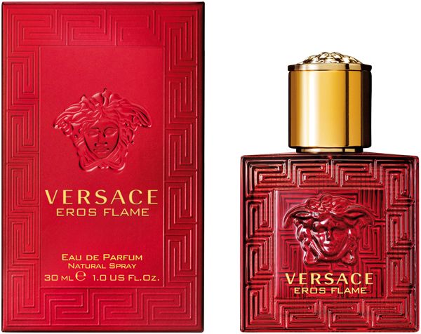 Roter Flakon und Verpackung. Goldener Deckel. Aufschrift: Versace Eros Flame. 30 ml.