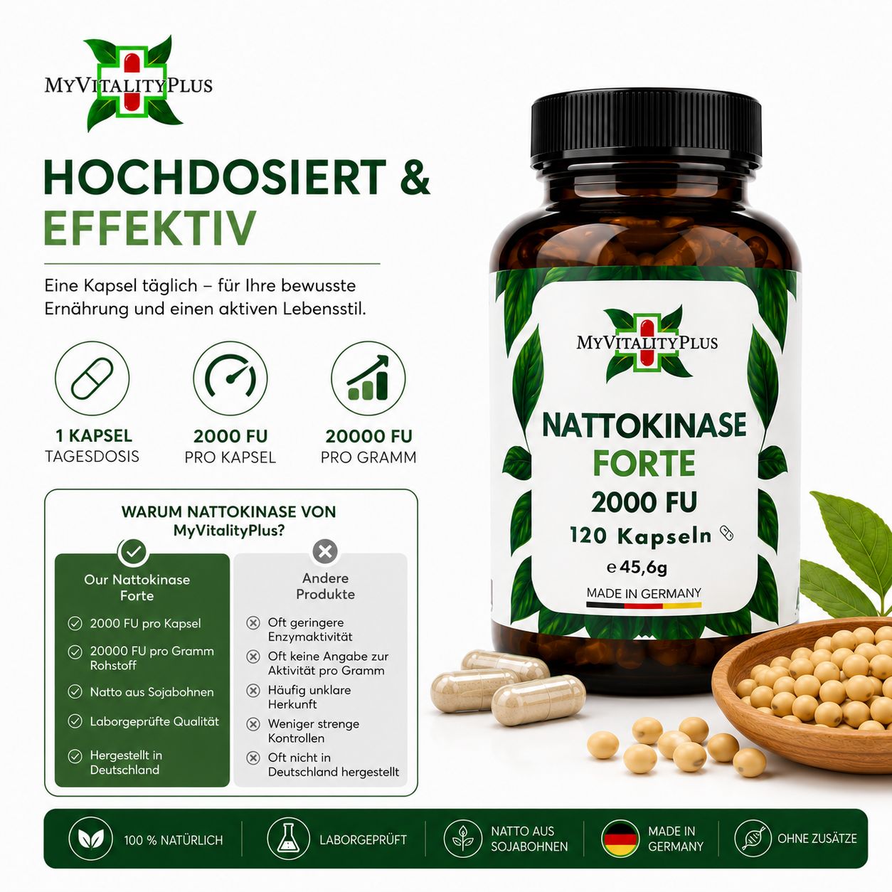Nattokinase Forte 2.000FU pro Kapsel | Hochdosiert | natürliches Natto | Myvitalityplus