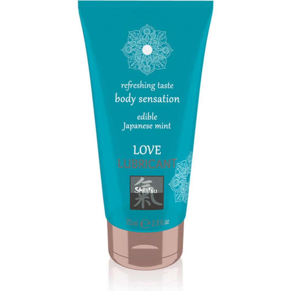 Türkisfarbene Tube mit weißer Schrift. Aufschrift: LOVE LUBRICANT, Japanese Mint. Marke: Shiatsu. Inhalt: 75 ml.