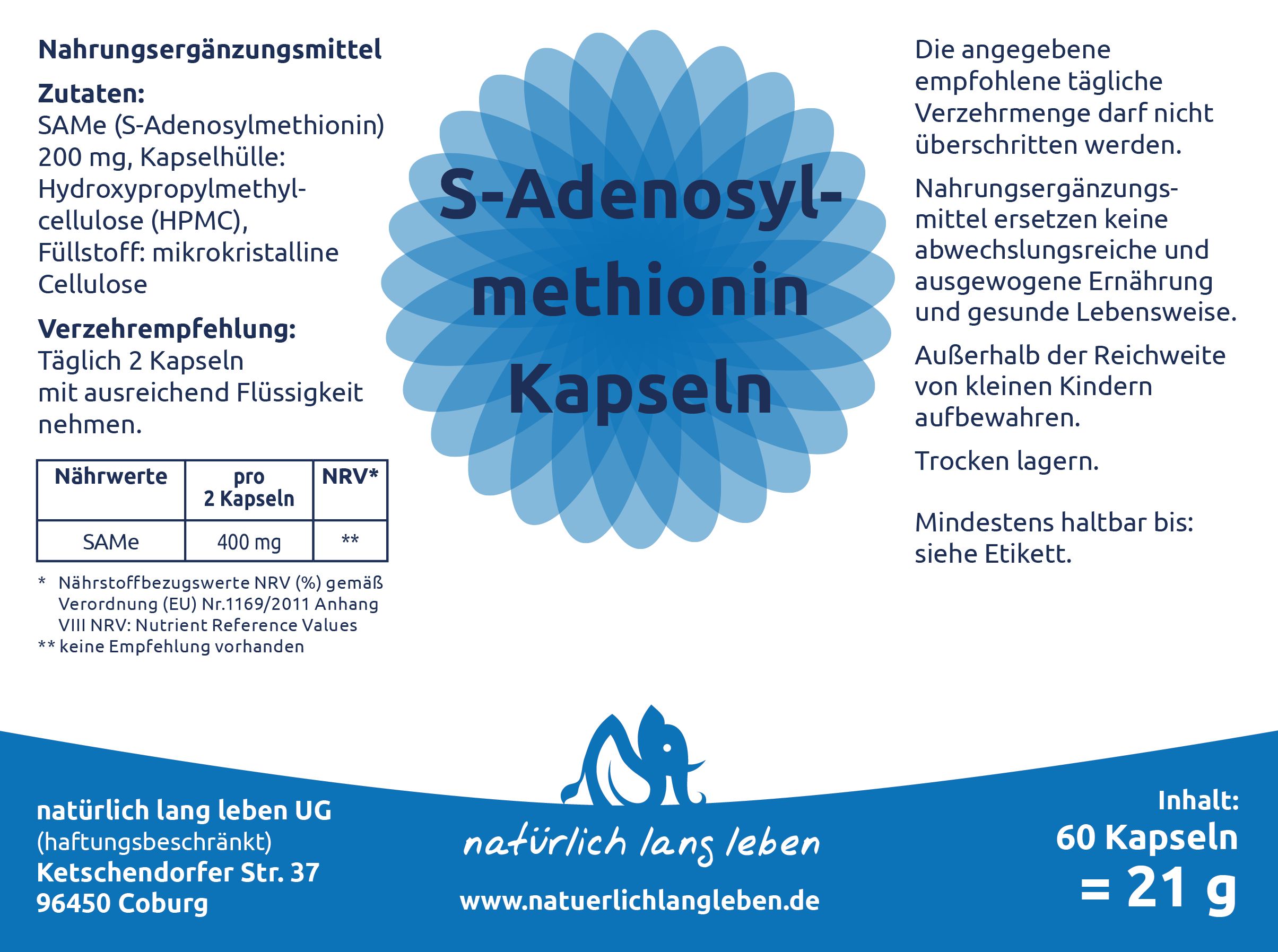 natürlich lang leben S-Adenosyl-Methionin 200 mg Kapseln 21 g