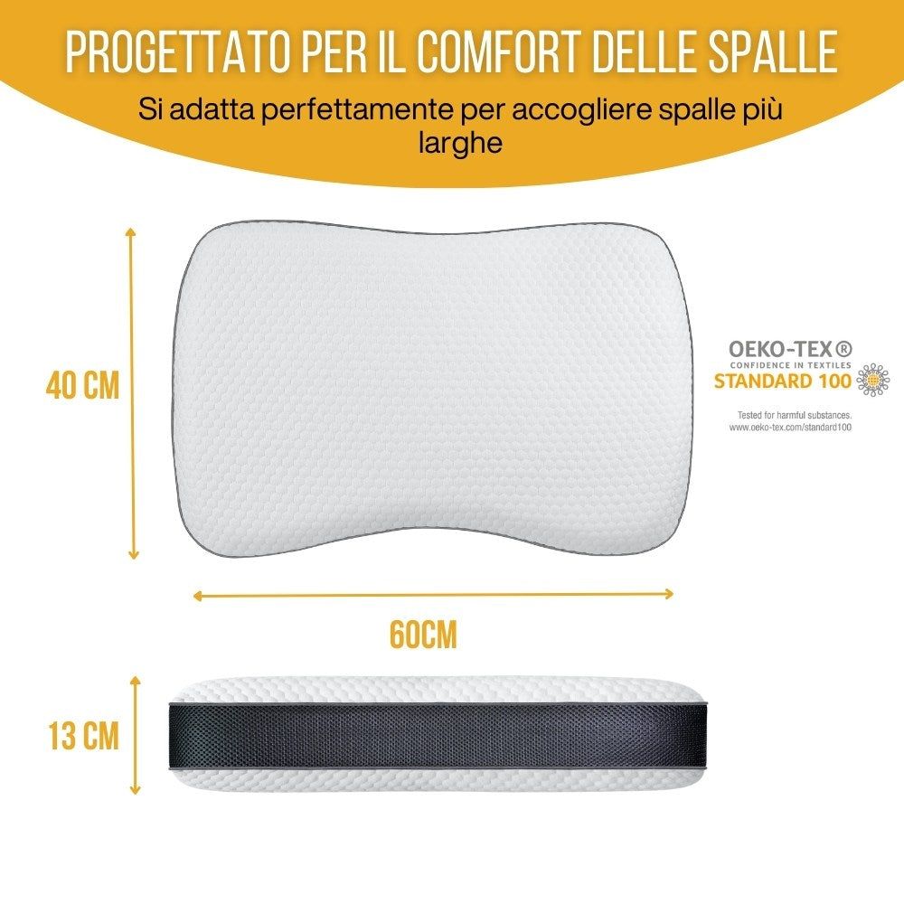 Cuscino ergonomico con aree bianche e grigie. Etichette: bambù, memory foam, rete 3D.