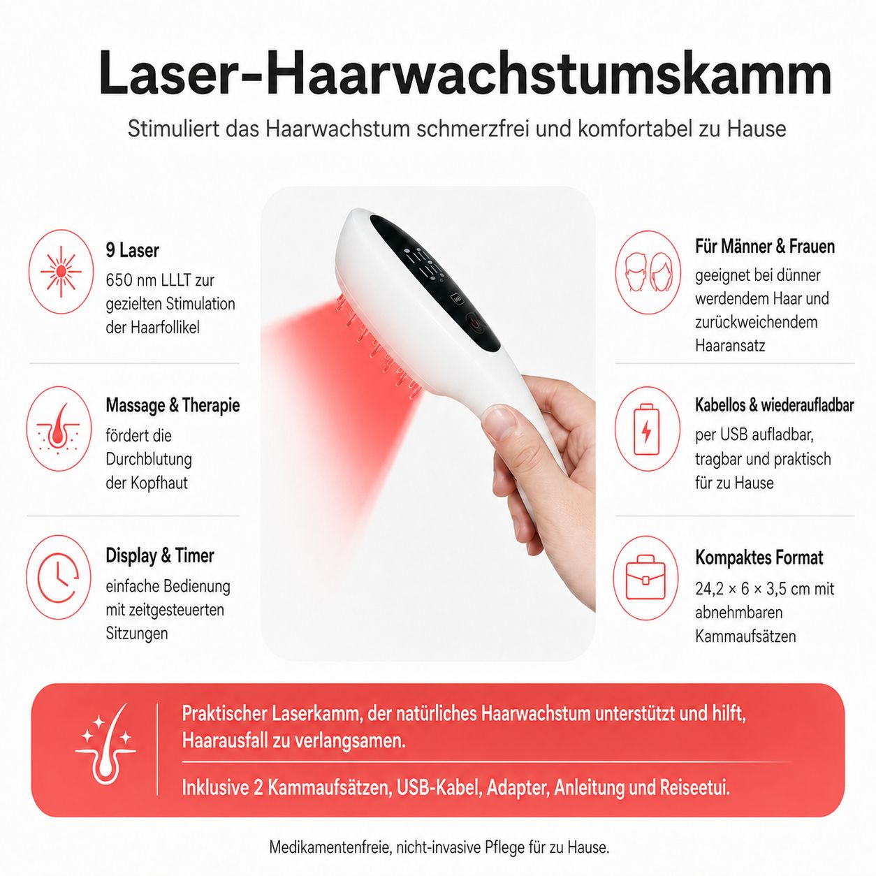 Ein Laser-Haarwuchskamm mit Zubehör: Reiseetui, Ladebox und Bedienungsanleitung auf schwarzem Karton.