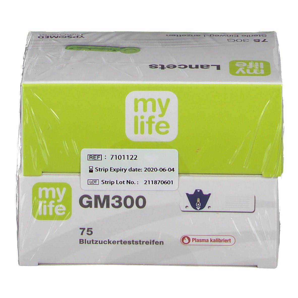 Deux boîtes superposées de 'my life GM300 Teststreifen'. Inscriptions : 75, date de péremption, numéro de lot, Plasma calibré.
