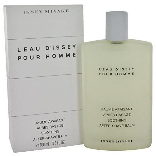 Flakon mit Karton. Aufschrift: Issey Miyake, L'Eau d'Issey pour Homme, After-Shave Balm. Flüssigkeit gelblich. Weiß.