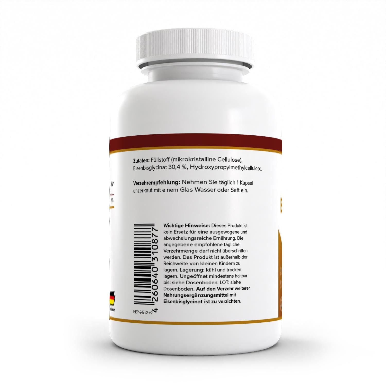 Rückseite einer weißen Flasche. Text: Zutaten, Verzehrempfehlung, wichtige Hinweise. Barcode. Hergestellt in Deutschland. Text in Deutsch.