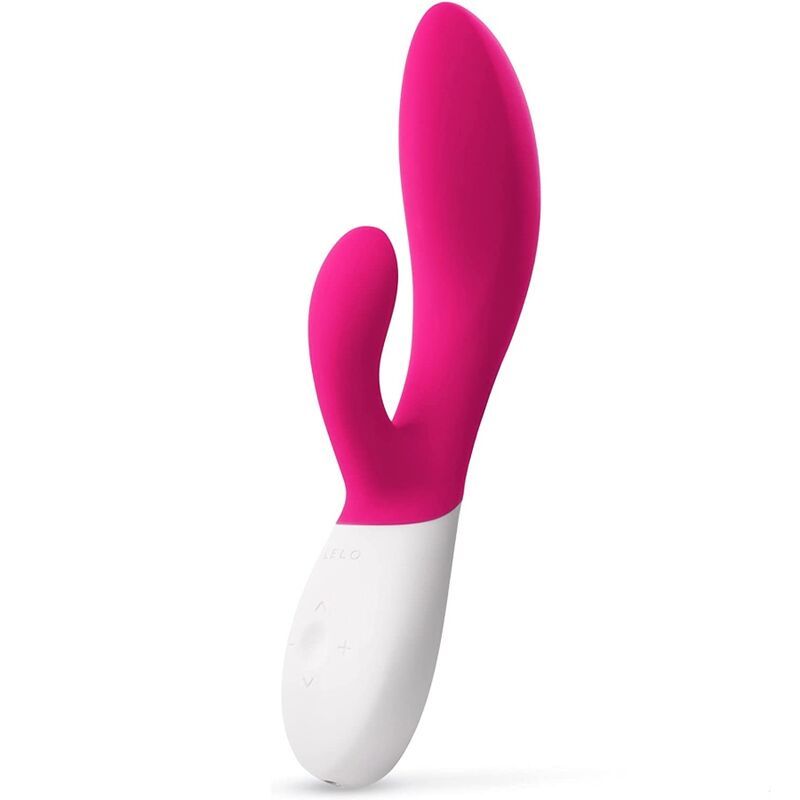 Weiß-pinkfarbener Vibrator. Gebogene Form mit zwei Ausläufern. Glatte Oberfläche.
