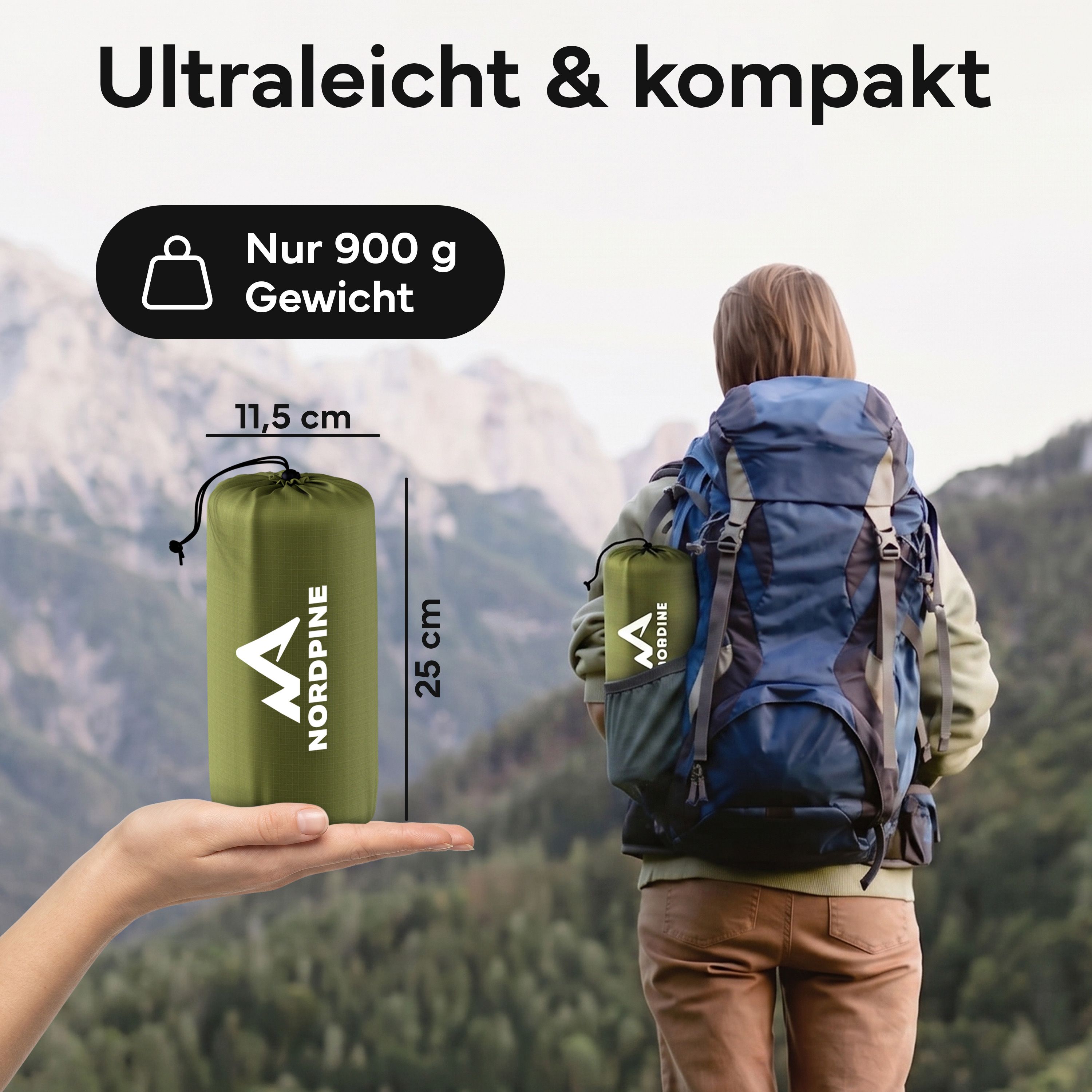 Ultraleichte und kompakte grüne Isomatte, nur 900g Gewicht. Inklusive Tragetasche (25 x 11,5 cm).