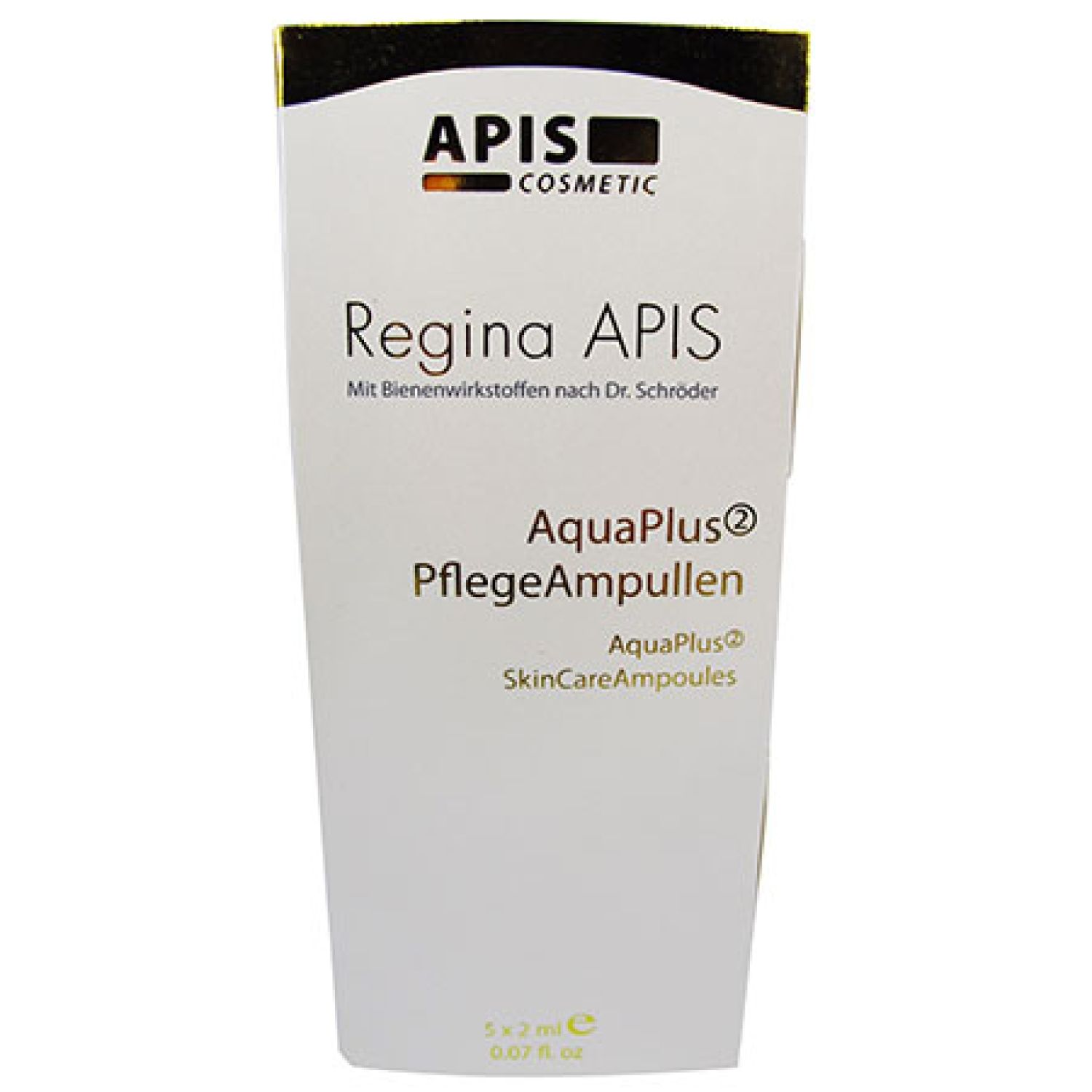 Weiße Verpackung mit Produktnamen Regina APIS und AquaPlus PflegeAmpullen. Marke APIS COSMETIC. Enthält 5 Ampullen.