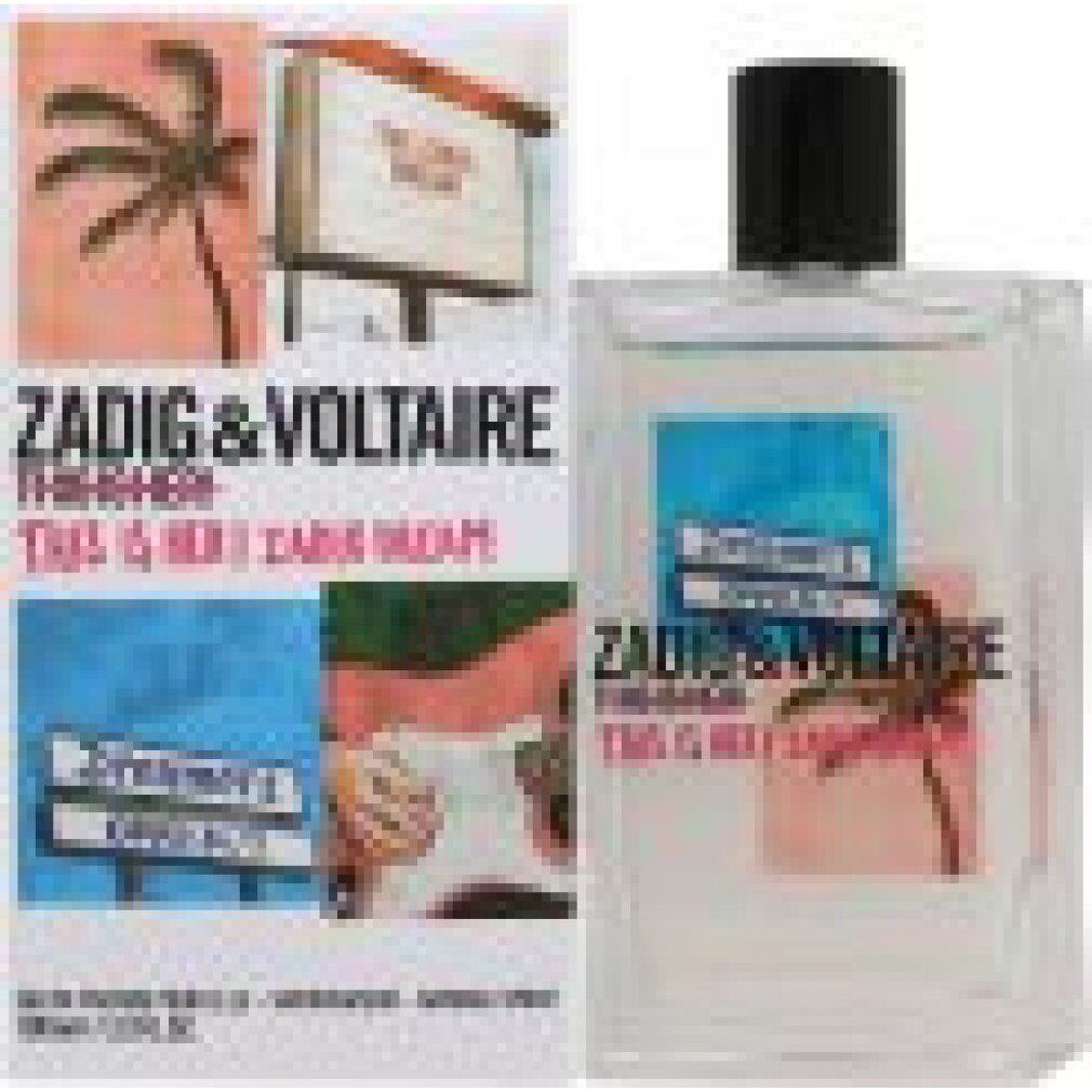 Parfümflakon und Verpackung. Zadig & Voltaire, This is Her! Zadig Dream. Rechteckige Form, transparenter Behälter, schwarzer Verschluss.