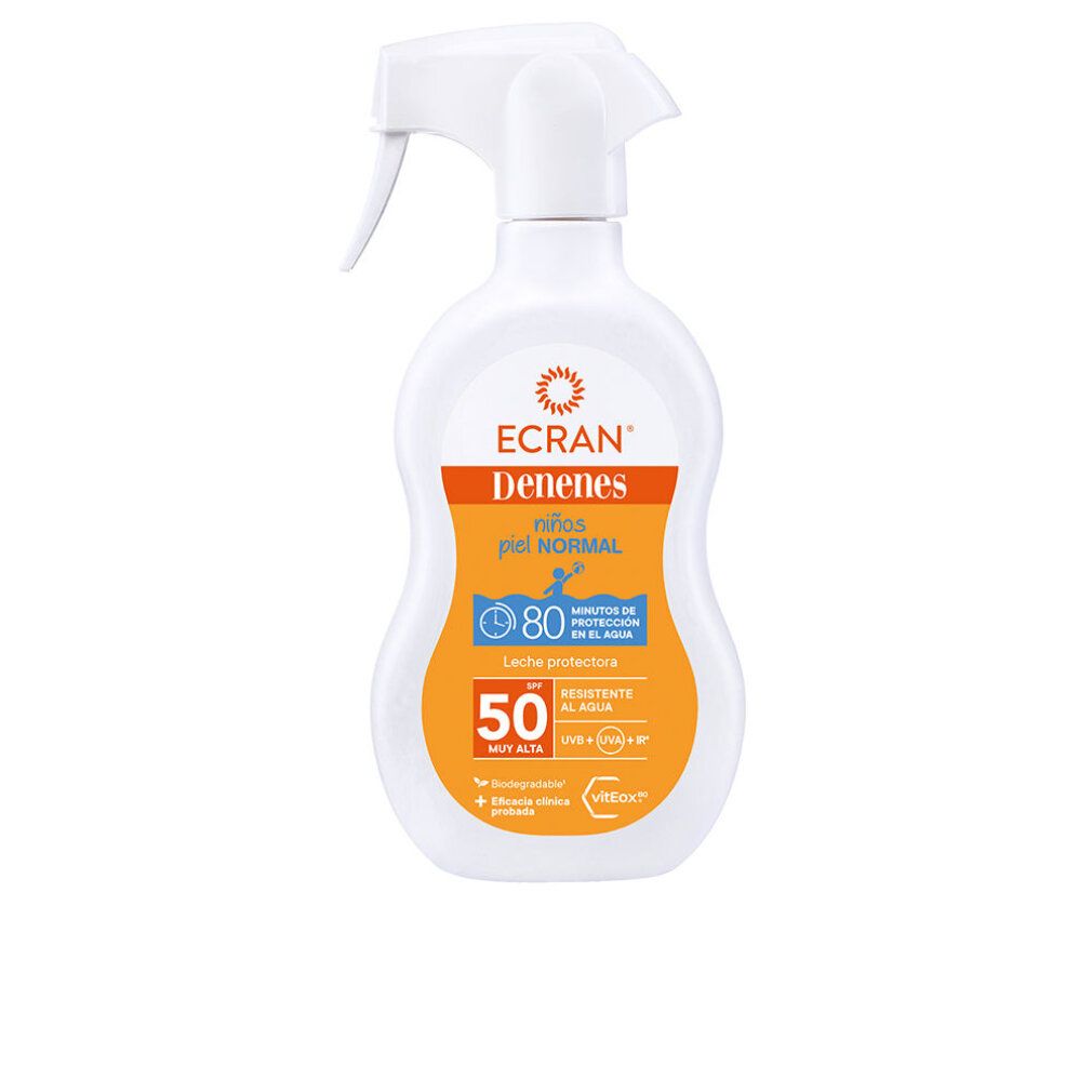 Weiße Sprühflasche mit orangefarbenem Etikett. Text: Ecran Denenes, SPF 50, für Kinder. Sonnenschutzmittel.
