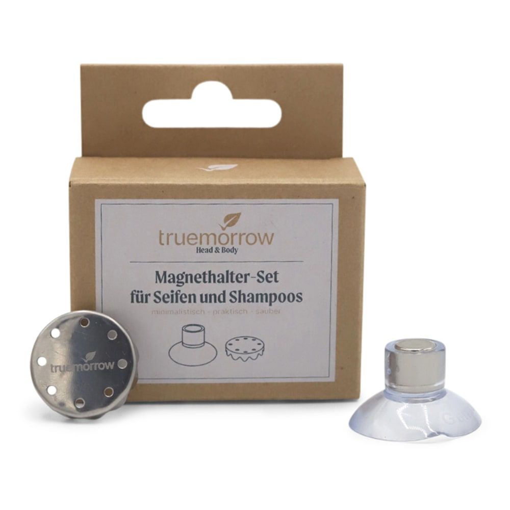 Set mit Magnet-Seifenhalter und Saugnapf. Verpackung aus Karton. Aufschrift: truemorrow, Magnet-Set für Seifen und Shampoos.