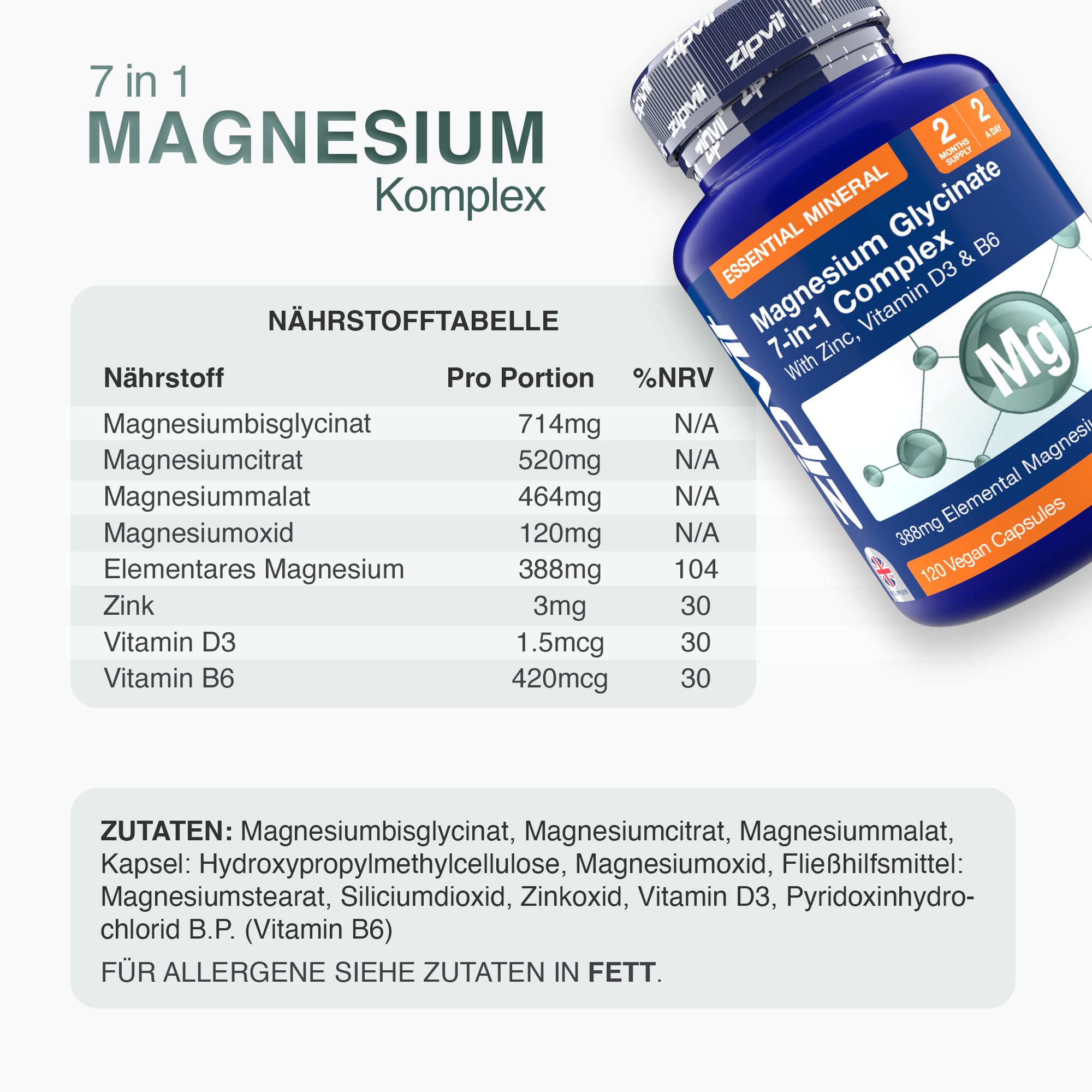 Blaue Flasche mit Magnesium Glycinat. Nährstofftabelle: Magnesiumbisglycinat, Magnesiumcitrat, Magnesiummalat, elementares Magnesium, Zink, Vitamin D3, B6.