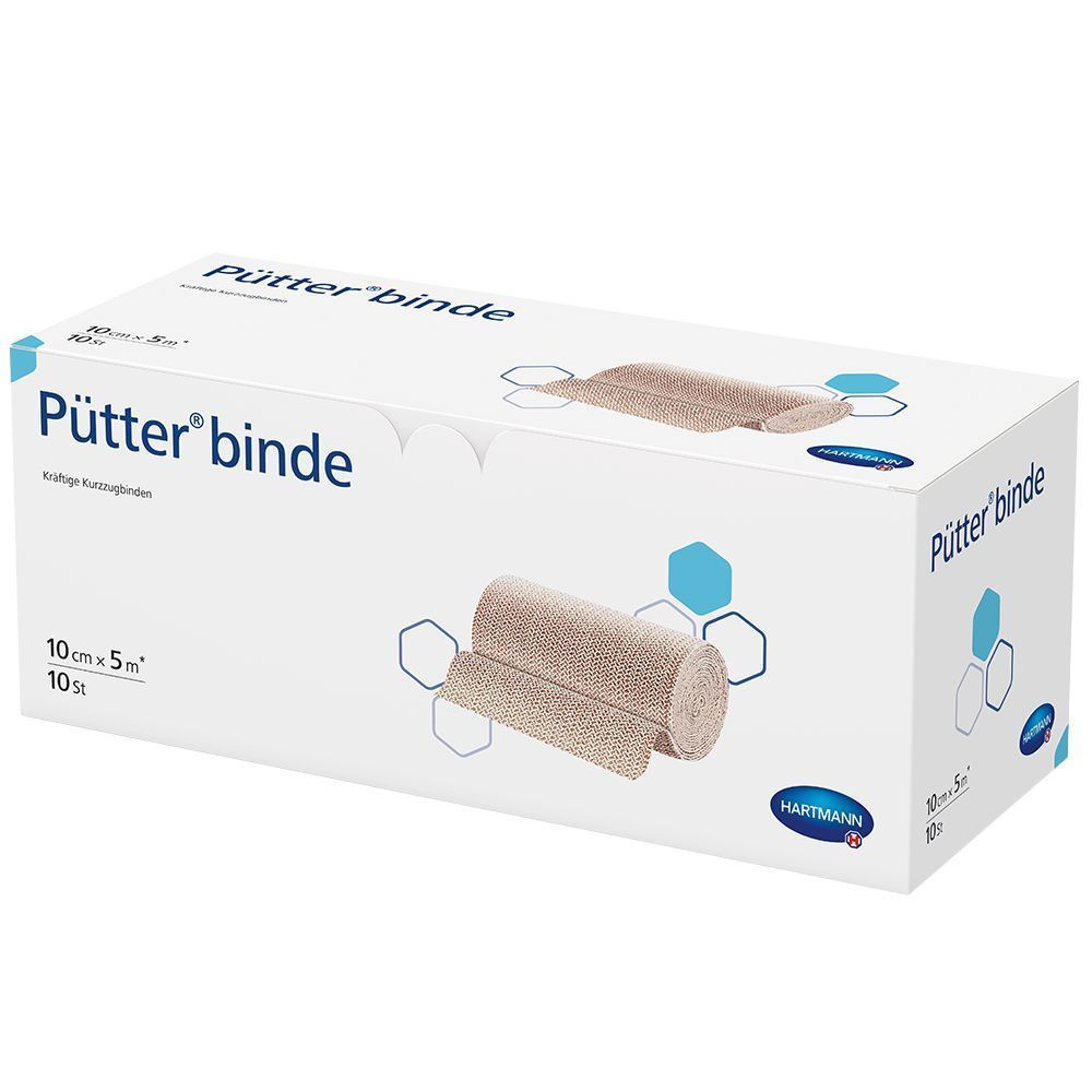 Hartmann Pütterbinde® in Verpackung. Weiße Box mit blauen Akzenten. Aufdruck: Pütterbinde, 10 cm x 5 m, x10.