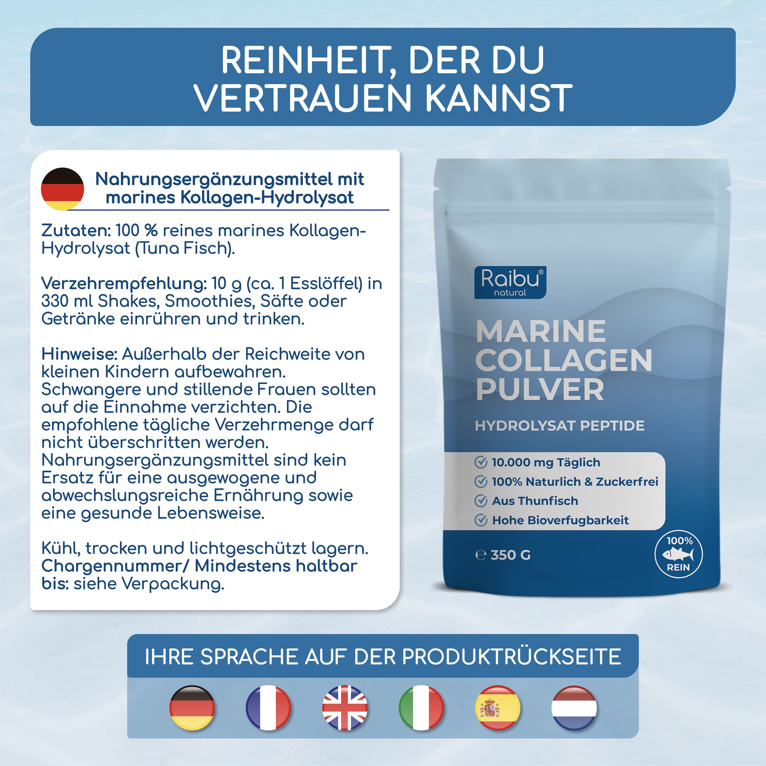 Raibu Marine Kollagen Pulver: 10g täglich, aus Thunfisch, hohe Bioverfügbarkeit.