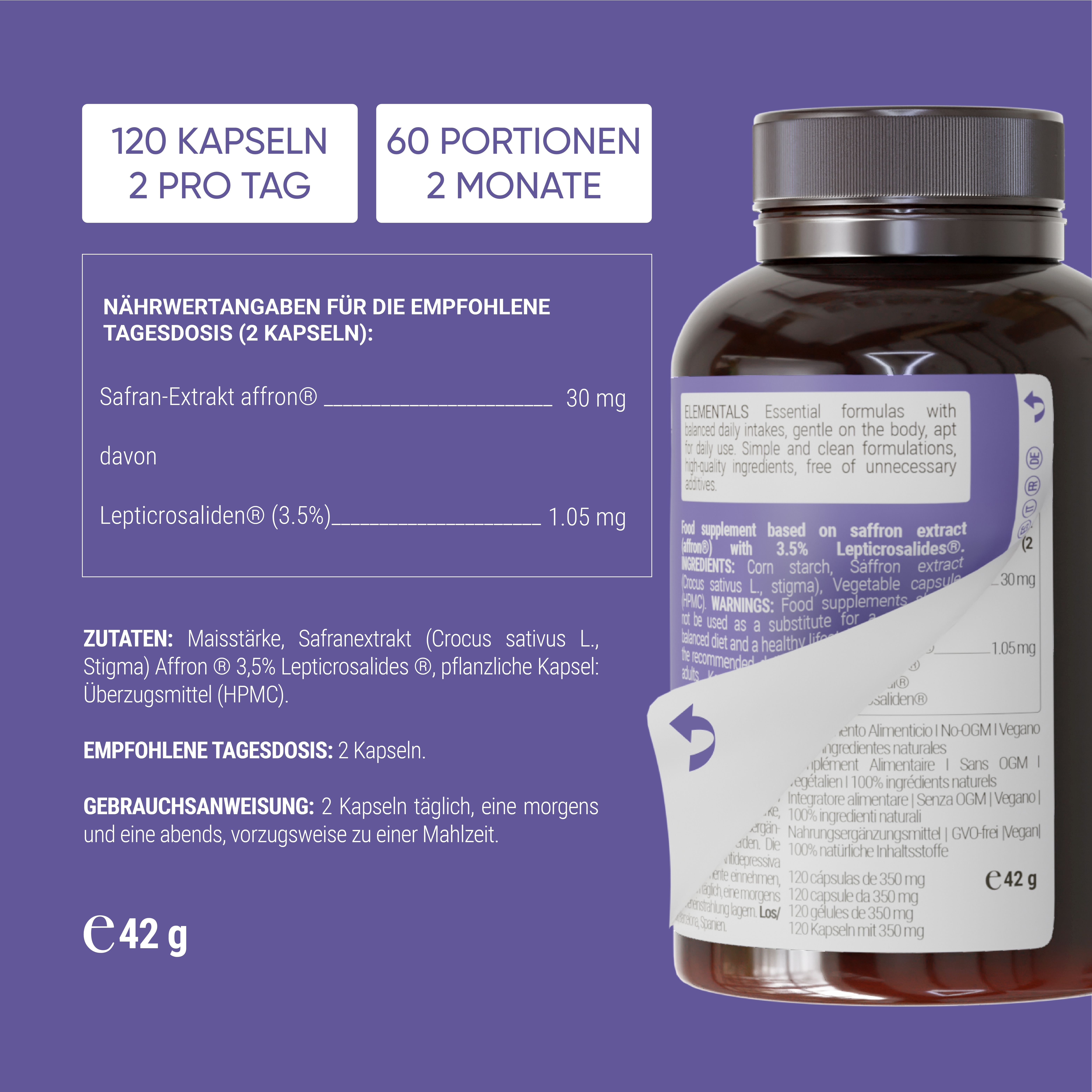 Rückseite einer Nullure Saffron Affron Verpackung mit Nährwertangaben und Inhaltsstoffen.