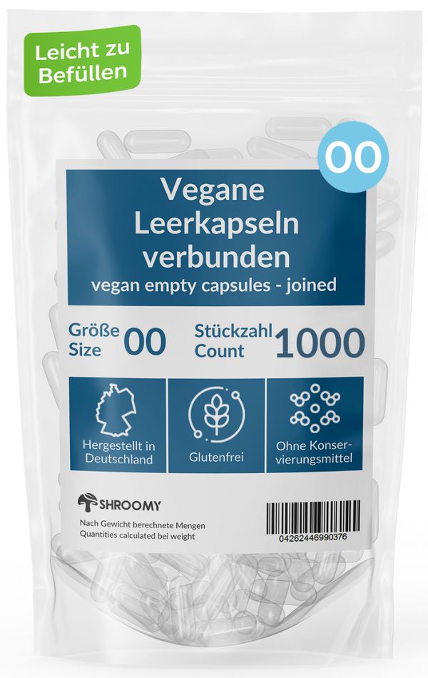 Klare, vegane Leerkapseln Größe 00 in Beutel. 1000 Stück. Glutenfrei, ohne Konservierungsstoffe. SHROOMY-Marke. Hergestellt in Deutschland.