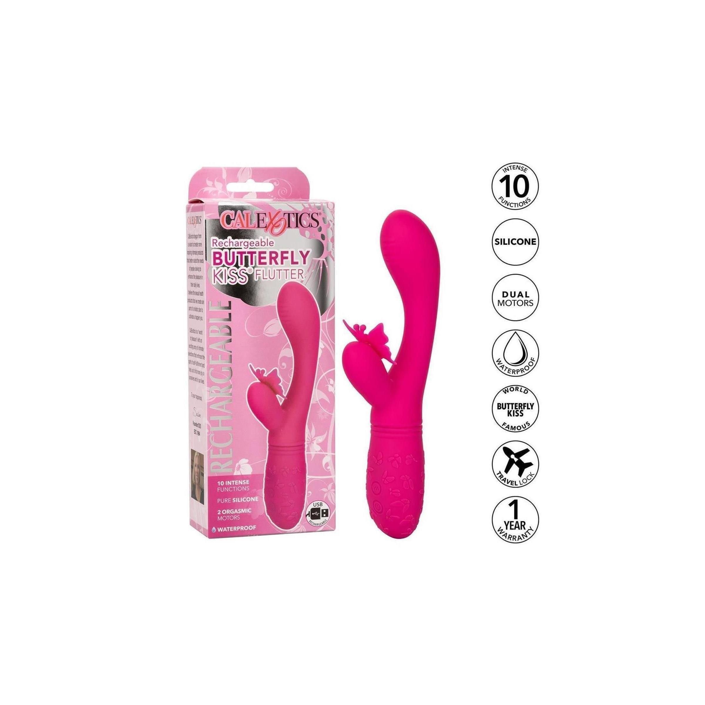 Rosa Vibrator mit Schmetterlingsdesign. Verpackung mit Produktnamen und Markennamen. Weißer Hintergrund.