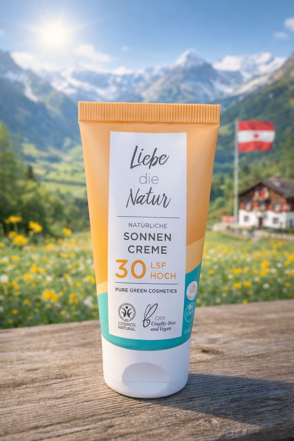 Sonnencreme-Tube mit Etikett. Text: Liebe die Natur, Natürliche Sonnencreme LSF 30 Hoch. Cosmos Natural, Cruelty-Free.