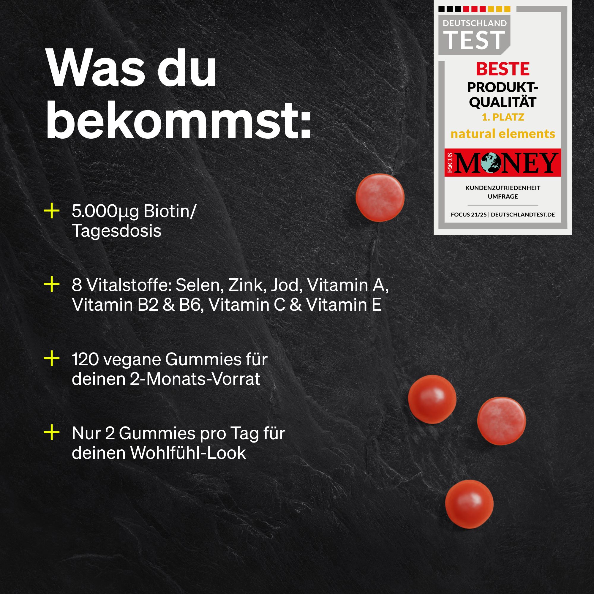 Werbebild mit Text: "Was du bekommst:". Listet 5.000μg Biotin, 8 Vitamine, 120 vegane Gummies, 2 Gummies pro Tag. Enthält Gummies.