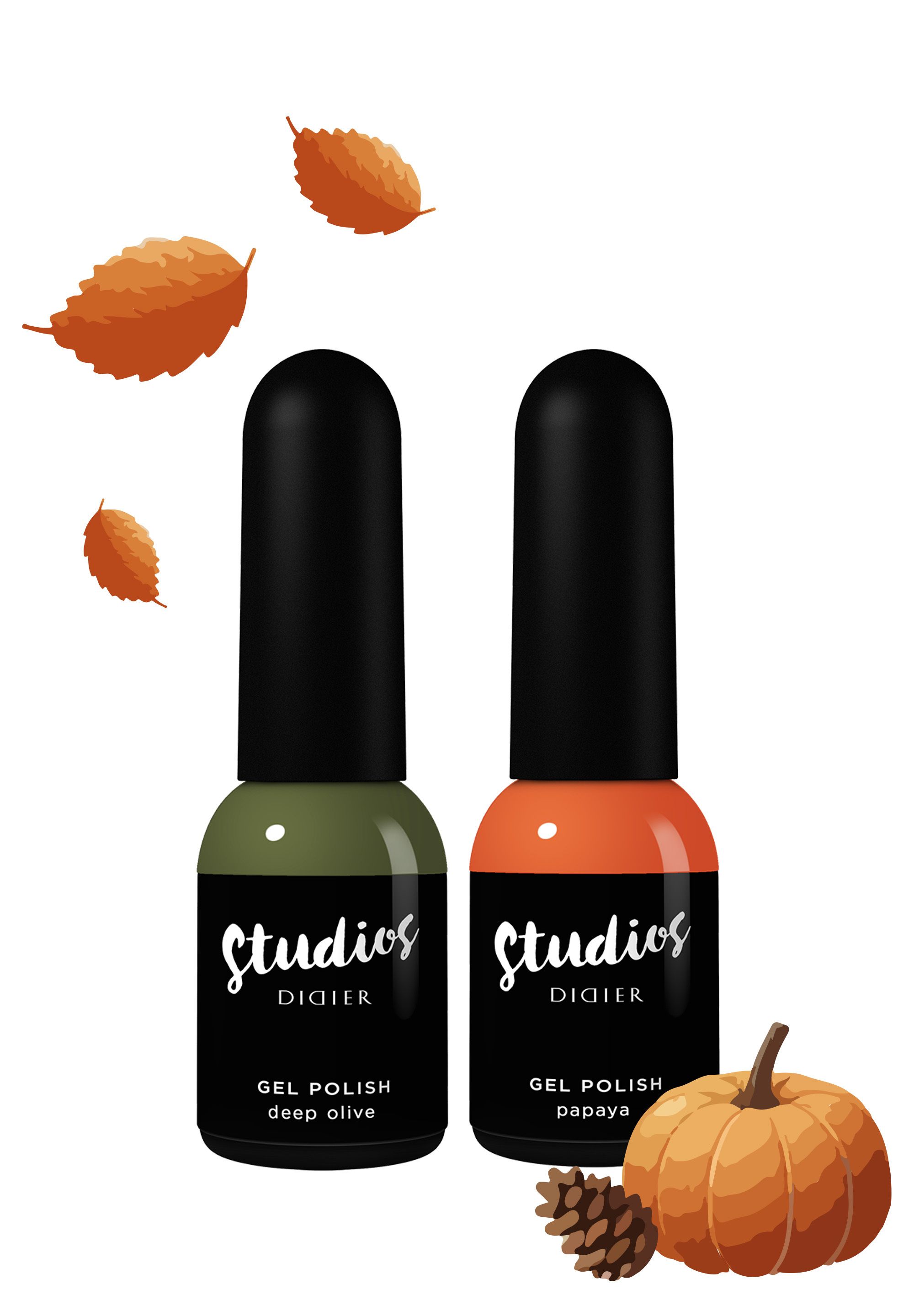 Zwei Flaschen "Studios Digier" Gel Polish in Olivgrün und Papaya.