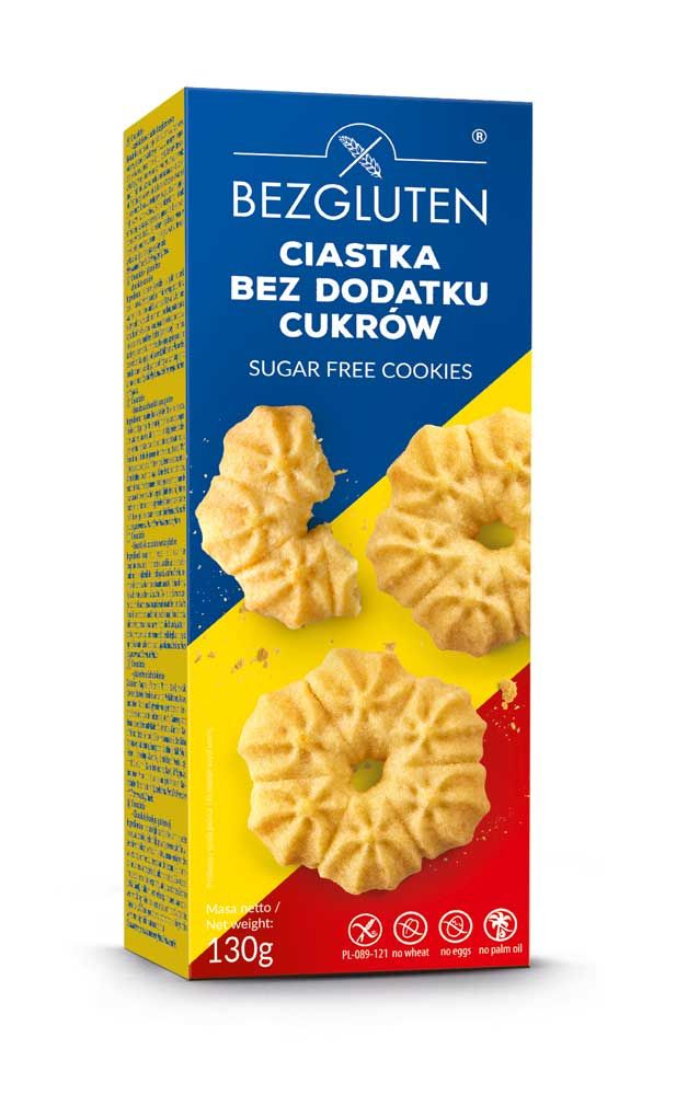 Verpackung mit Bezgluten Cookies. Aufschrift: Zuckerfreie Kekse. Glutenfrei-Logo. Gelbe, blaue und rote Farben.