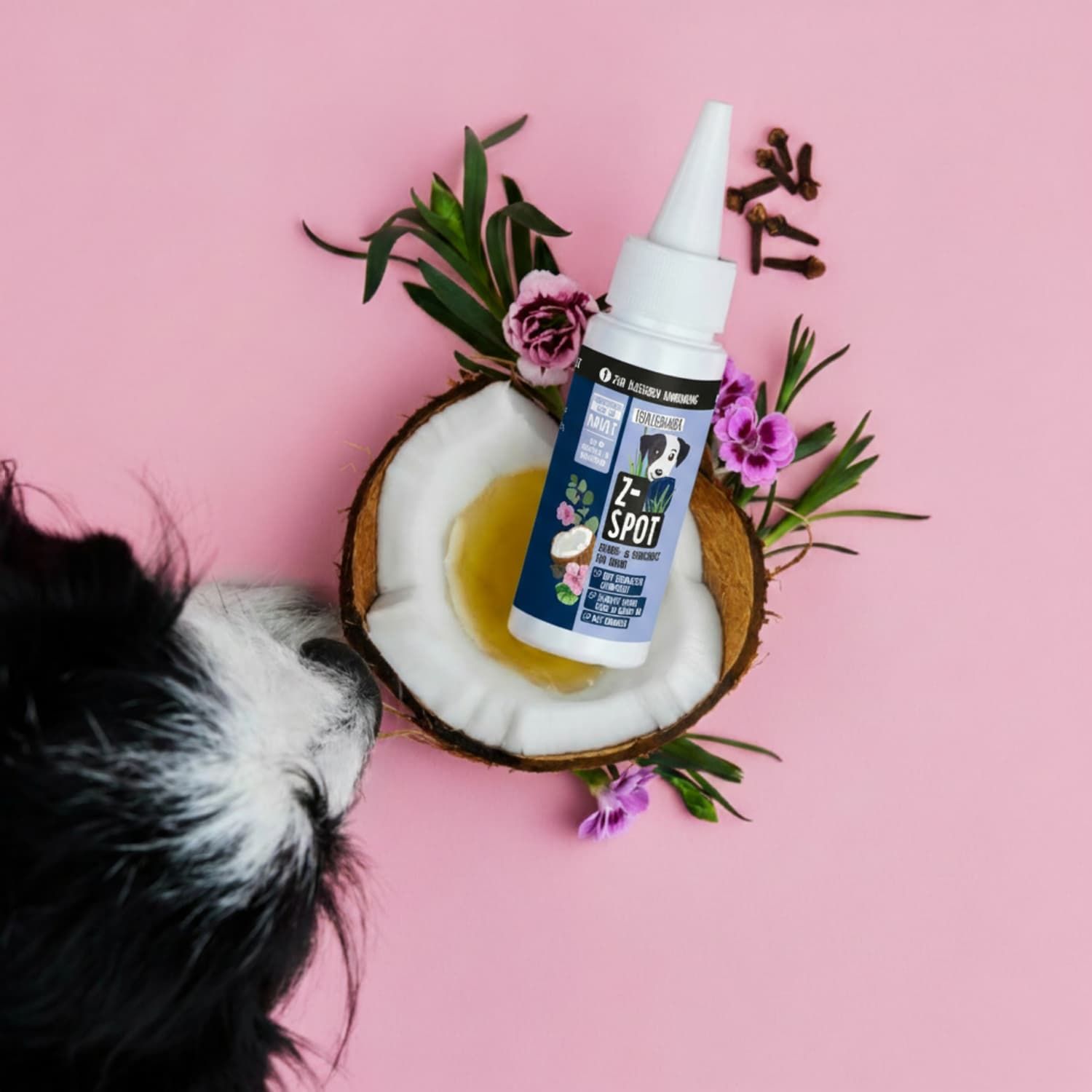 Weiße Flasche mit blauer Aufschrift. Z-Spot. Kokosnuss, Blumen, Hund, Flasche mit Flüssigkeit.