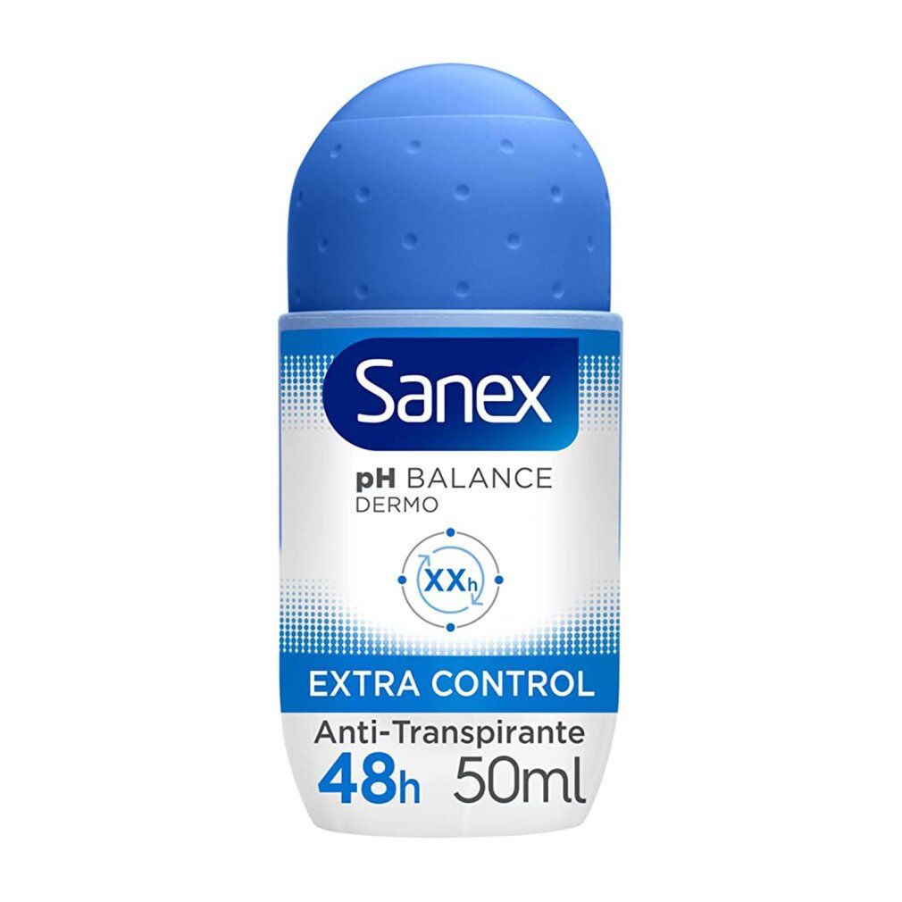 Sanex pH Balance Dermo Extra Control Roll-On. Blaue Kappe, weißer Behälter. Text: Extra Control, 48h, 50ml.