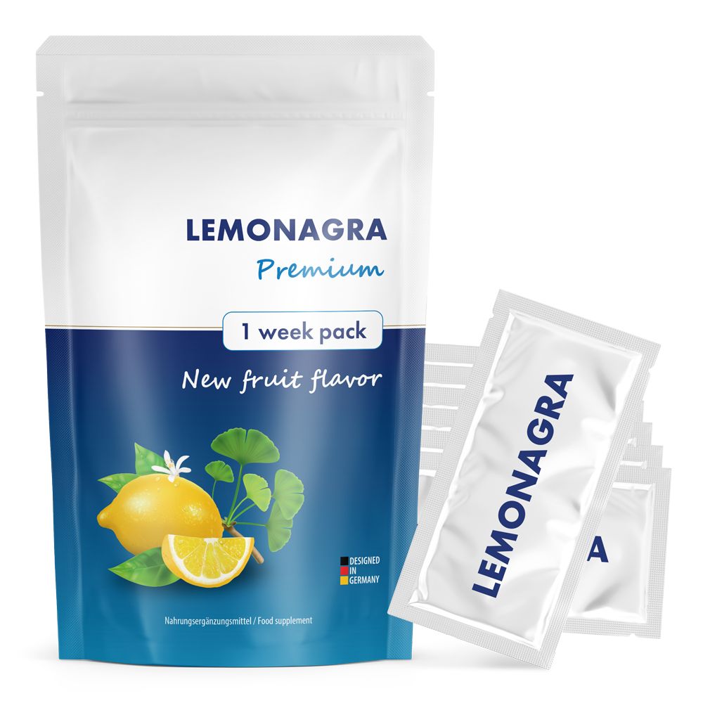 Busta e bustine singole Lemonagra Premium. Scritta: 1 week pack, New fruit flavor. Illustrazione: limone e foglie. Diverse bustine singole.