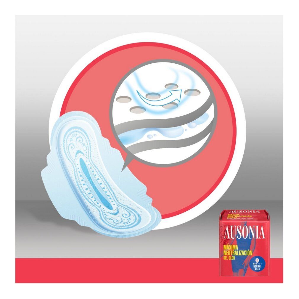 Illustration eines Damenbinden-Querschnitts. Im Vordergrund: Ausonia-Packung. Rosa Verpackung mit Logo.