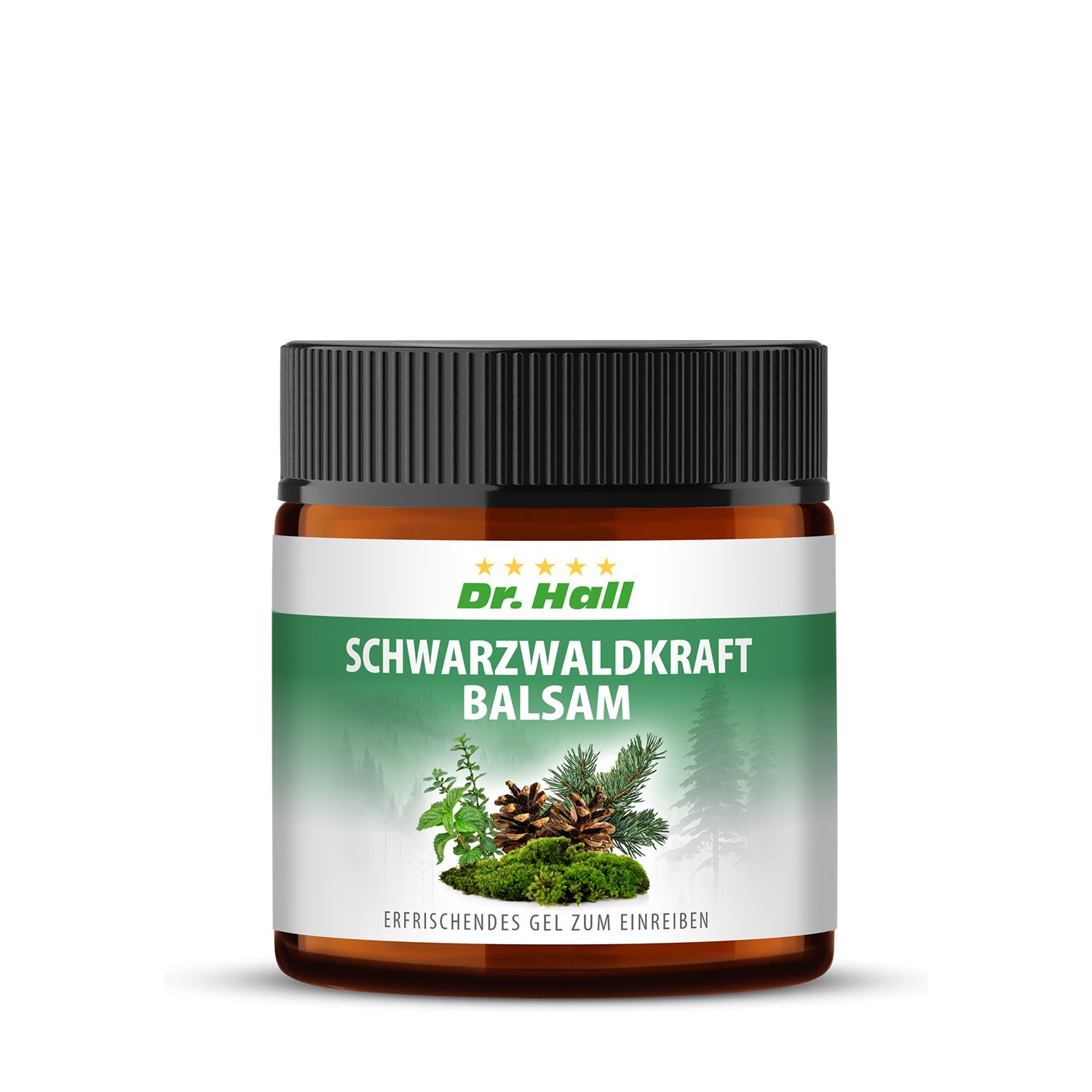 Braunes Glas mit schwarzem Deckel. Etikett mit Produktnamen und Illustration von Tannenzapfen und Pflanzen. Text: Erfrischendes Gel zum Einreiben.