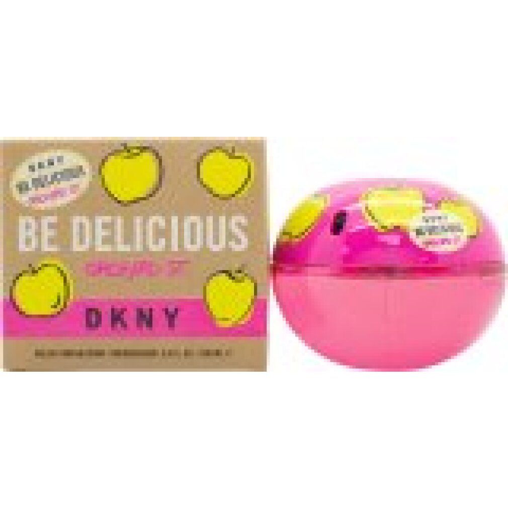 Pinkfarbener, runder Flakon mit gelben Apfel-Dekor. Karton mit Produktnamen und gelben Äpfeln.