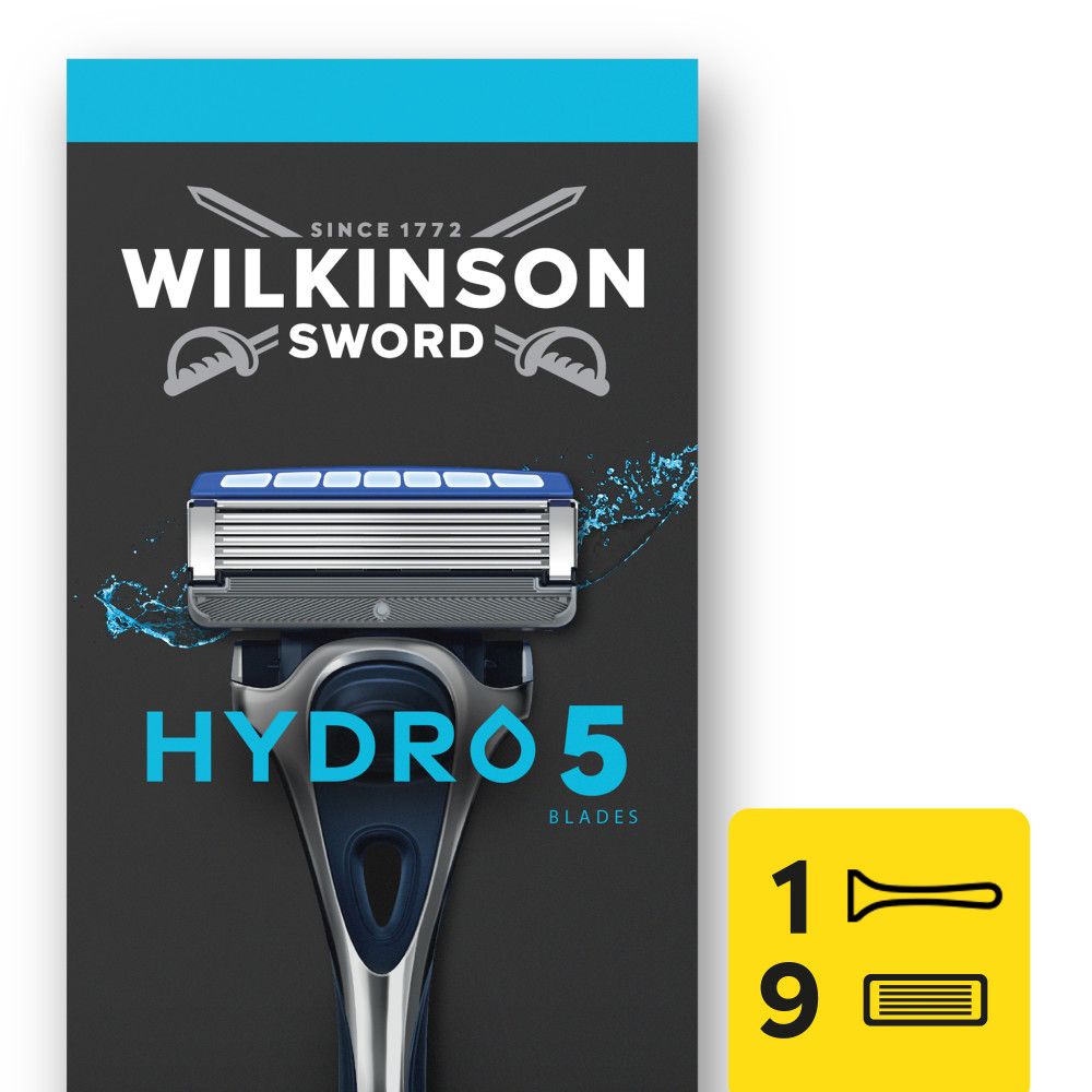 Verpackungsdesign für Wilkinson Sword Hydro 5 Rasierer und Klingen. Enthält technische Details und Druckinformationen.