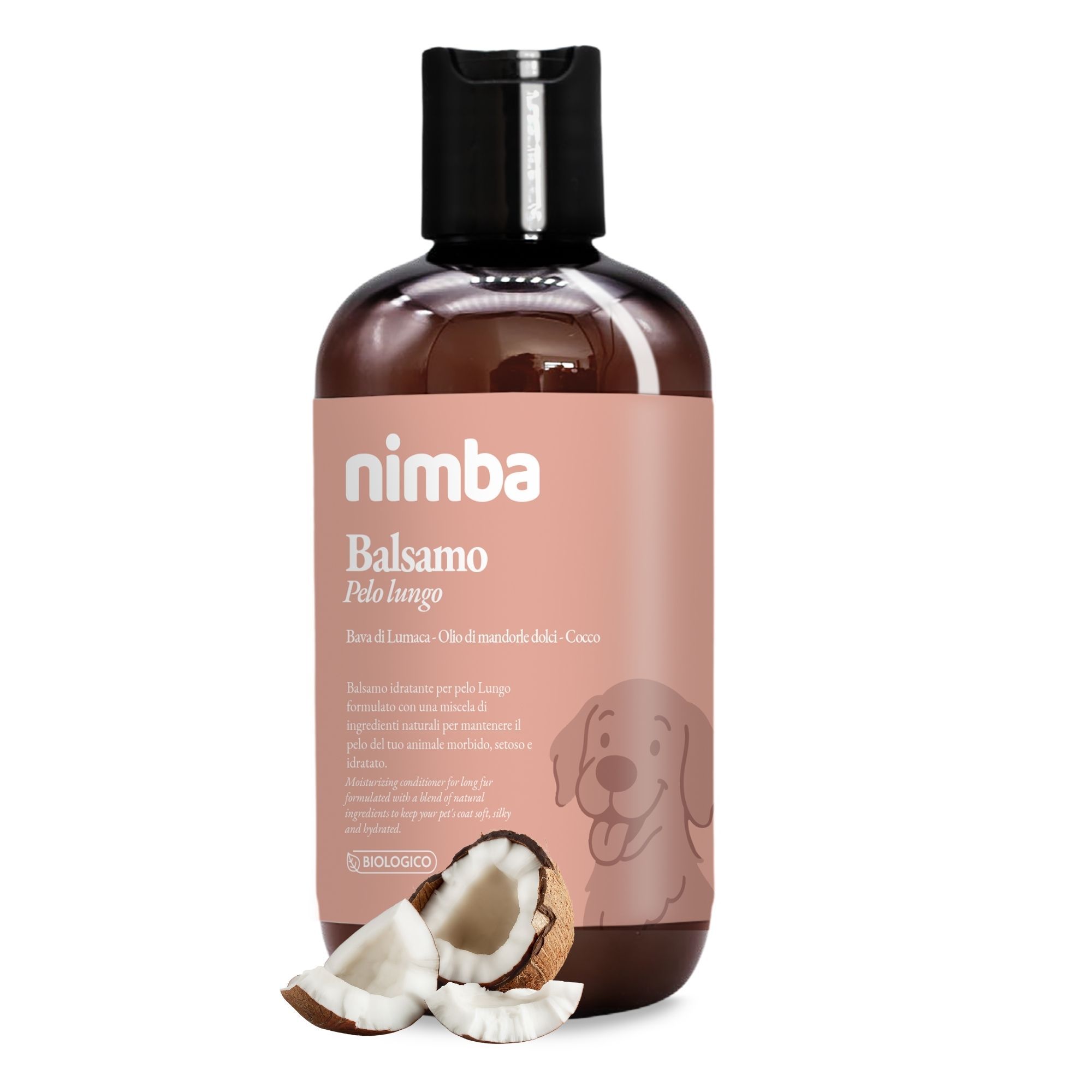 Flasche mit Produktetikett. Aufschrift: Nimba Balsamo Pelo lungo. Kokosnuss-Stücke liegen daneben.