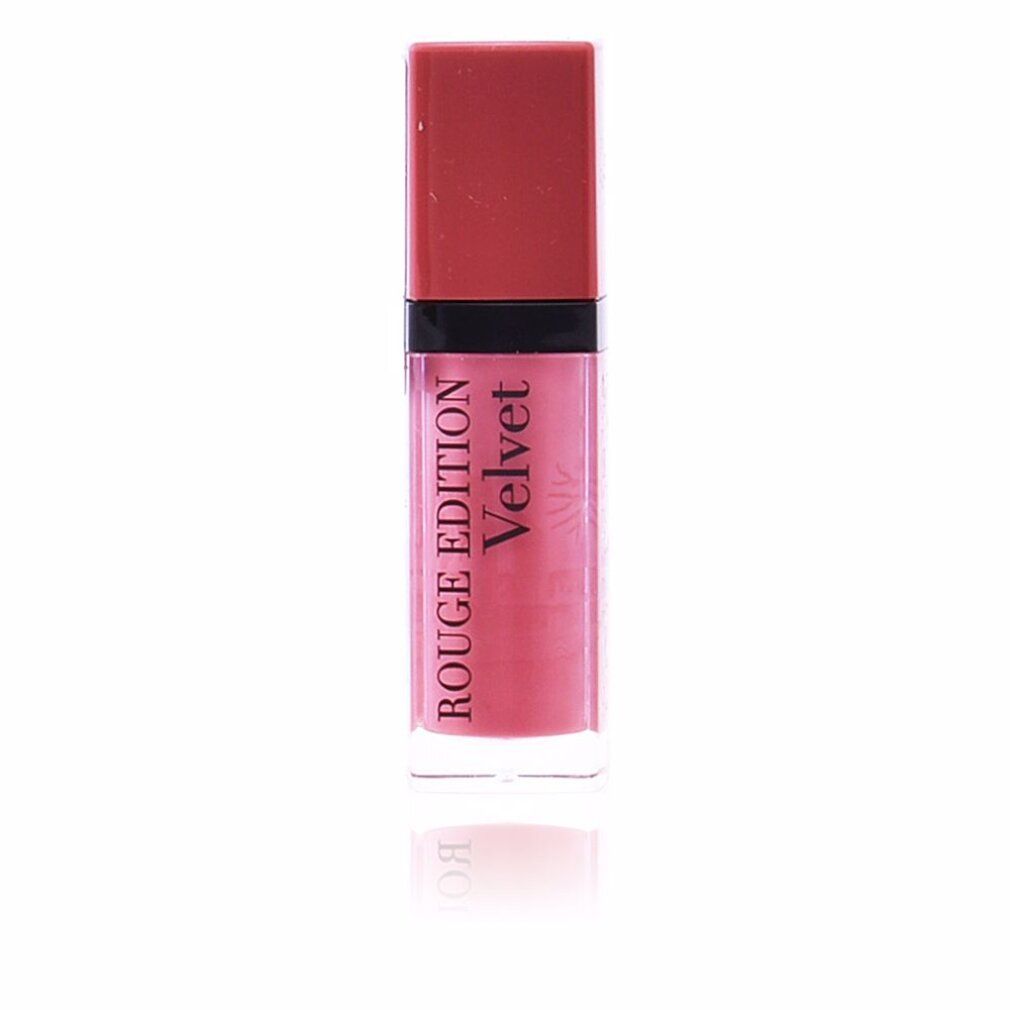 Lippenstift in rechteckiger Flasche. Roter Deckel, transparente Flasche mit rosa Inhalt. Aufschrift: Rouge Edition Velvet.