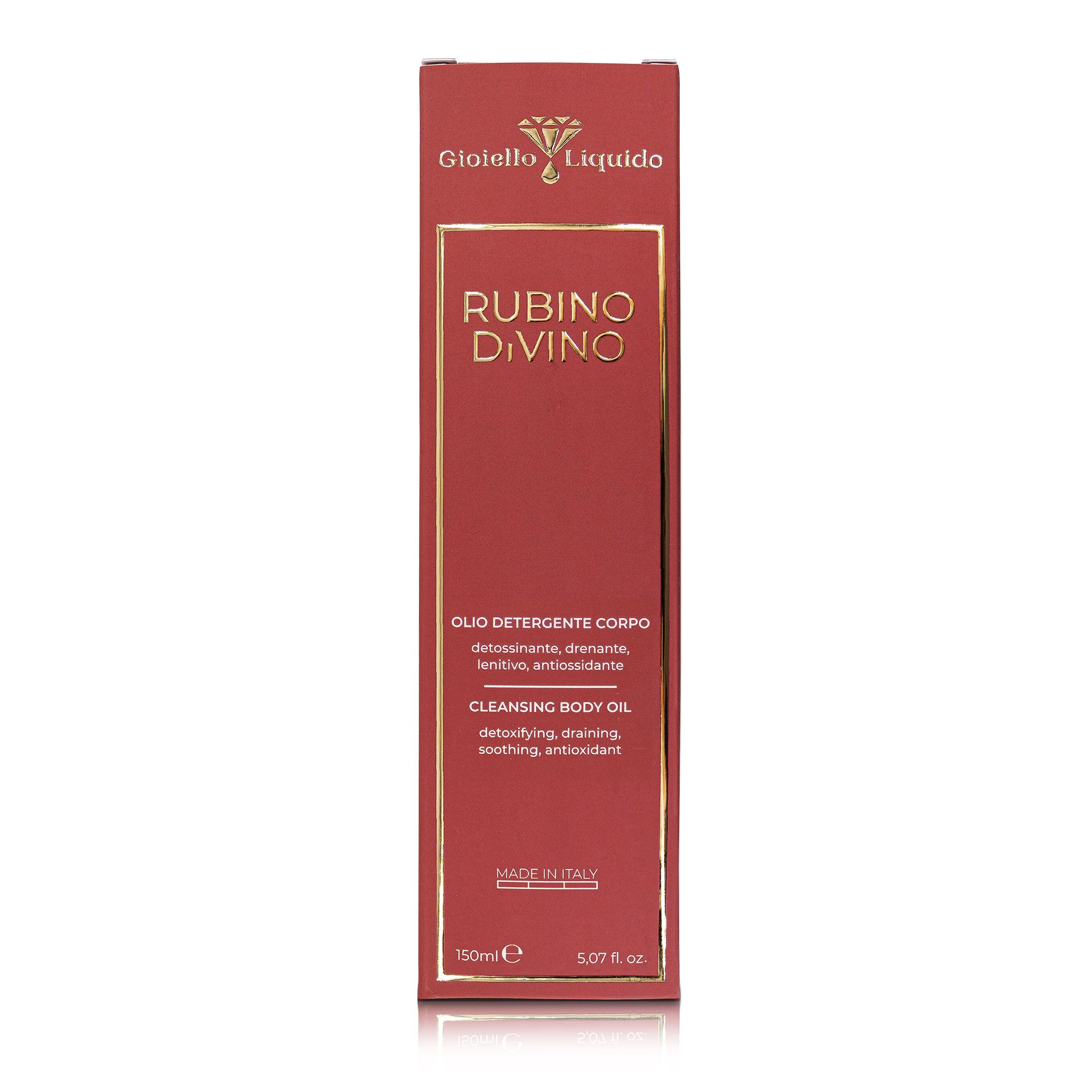 Rote Verpackung mit goldfarbener Schrift. Aufschrift: Rubino Divino Divine Ruby. Made in Italy. 150ml/5.07 fl. oz.