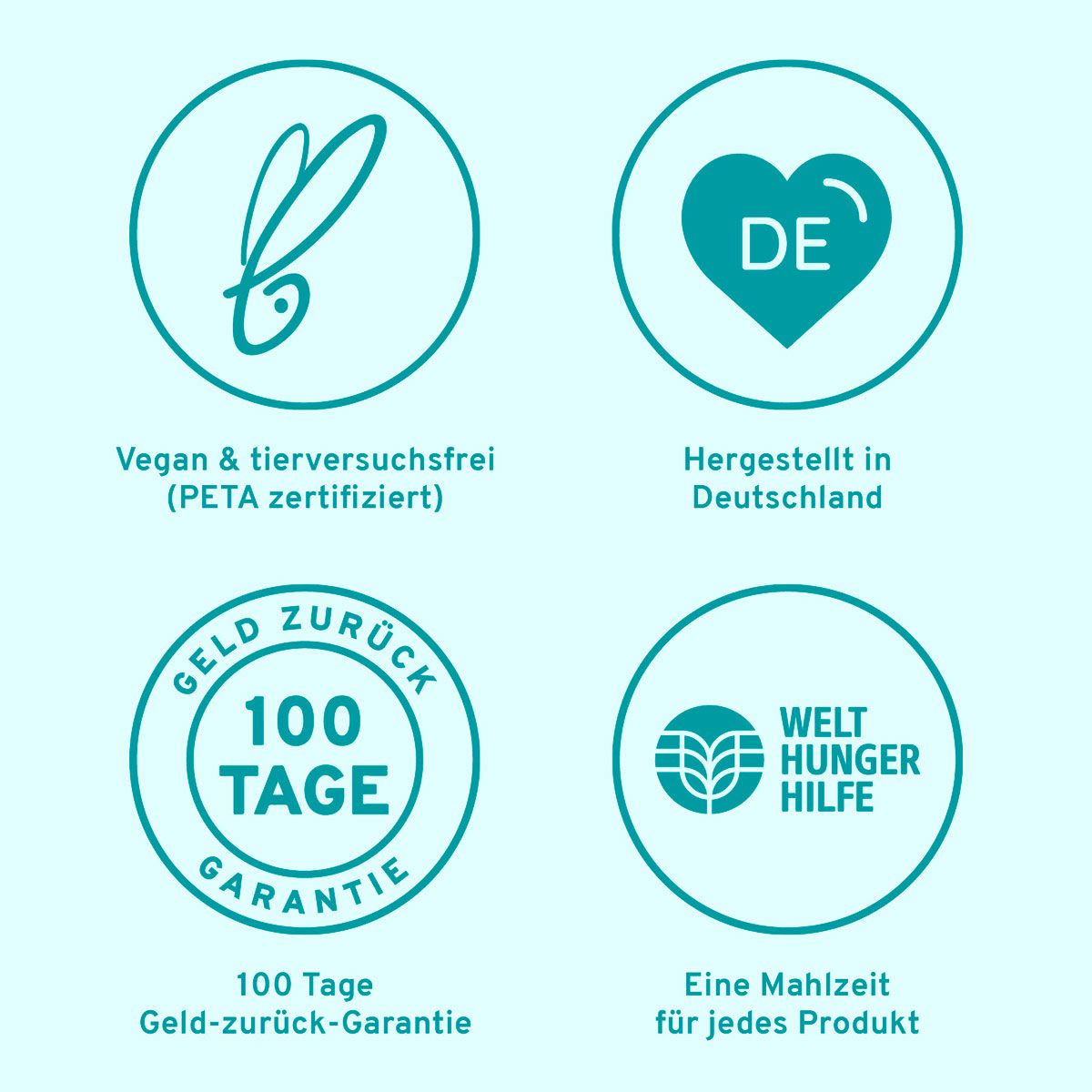 Kreisförmige Logos: Vegan & tierversuchsfrei (PETA zertifiziert), Hergestellt in Deutschland, 100 Tage Geld-zurück-Garantie, Eine Mahlzeit für jedes Produkt.