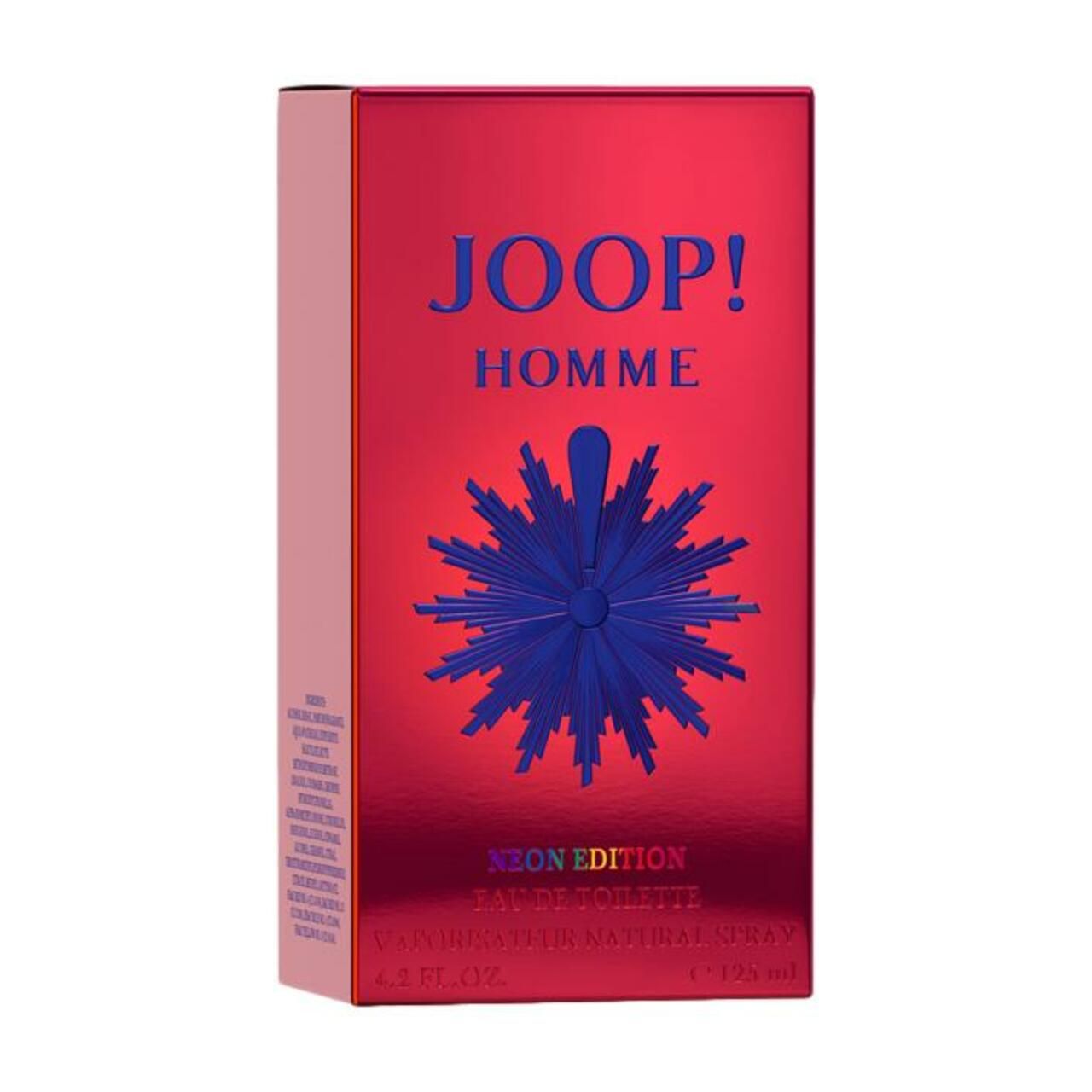 Rote Verpackung von JOOP! Homme Neon Edition. Blaues Logo, blaue Schrift. Text: Neon Edition, Eau de Toilette Spray.