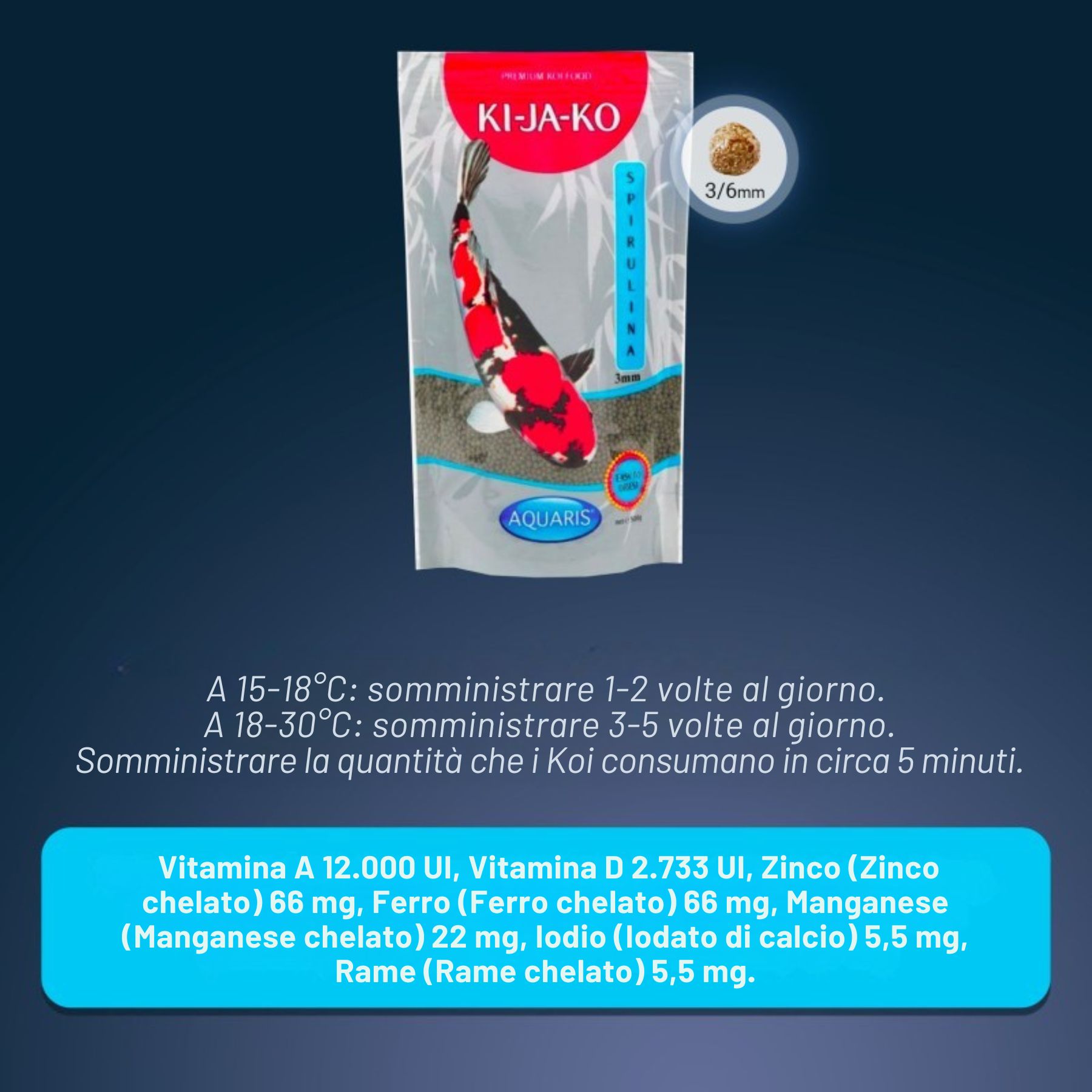 Confezione di mangime per pesci KI-JA-KO Spirulina Plus. Informazioni sul prodotto.