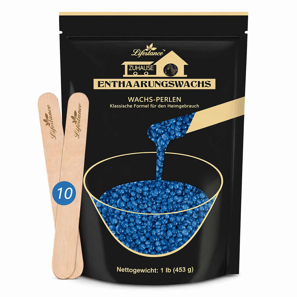 Zwei Holzspatel und eine schwarze Tüte mit blauen Wachsperlen. Text: Lifestance, Enthaarungswachs, Wachs-Perlen.