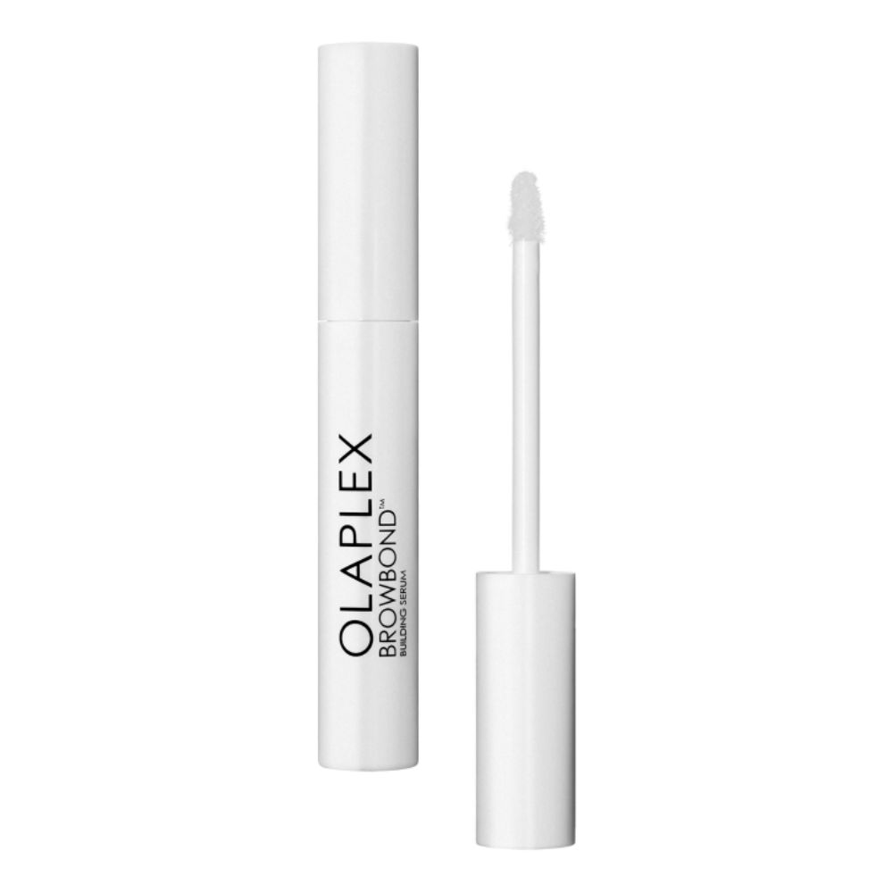 Olaplex Browbond Building Serum-Behälter und Applikator. Weißes Produkt, weißer Hintergrund.