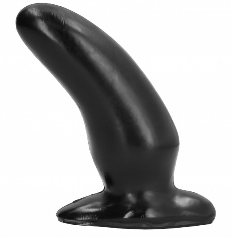 Schwarzer Dildo mit gebogener Form und breiter Basis.