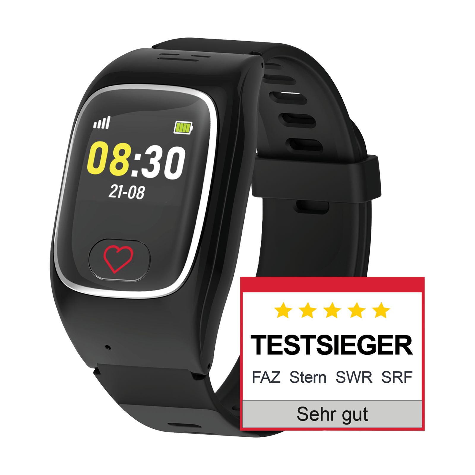 Schwarze Smartwatch mit Herzfrequenzsensor und 'Testsieger'-Siegel.