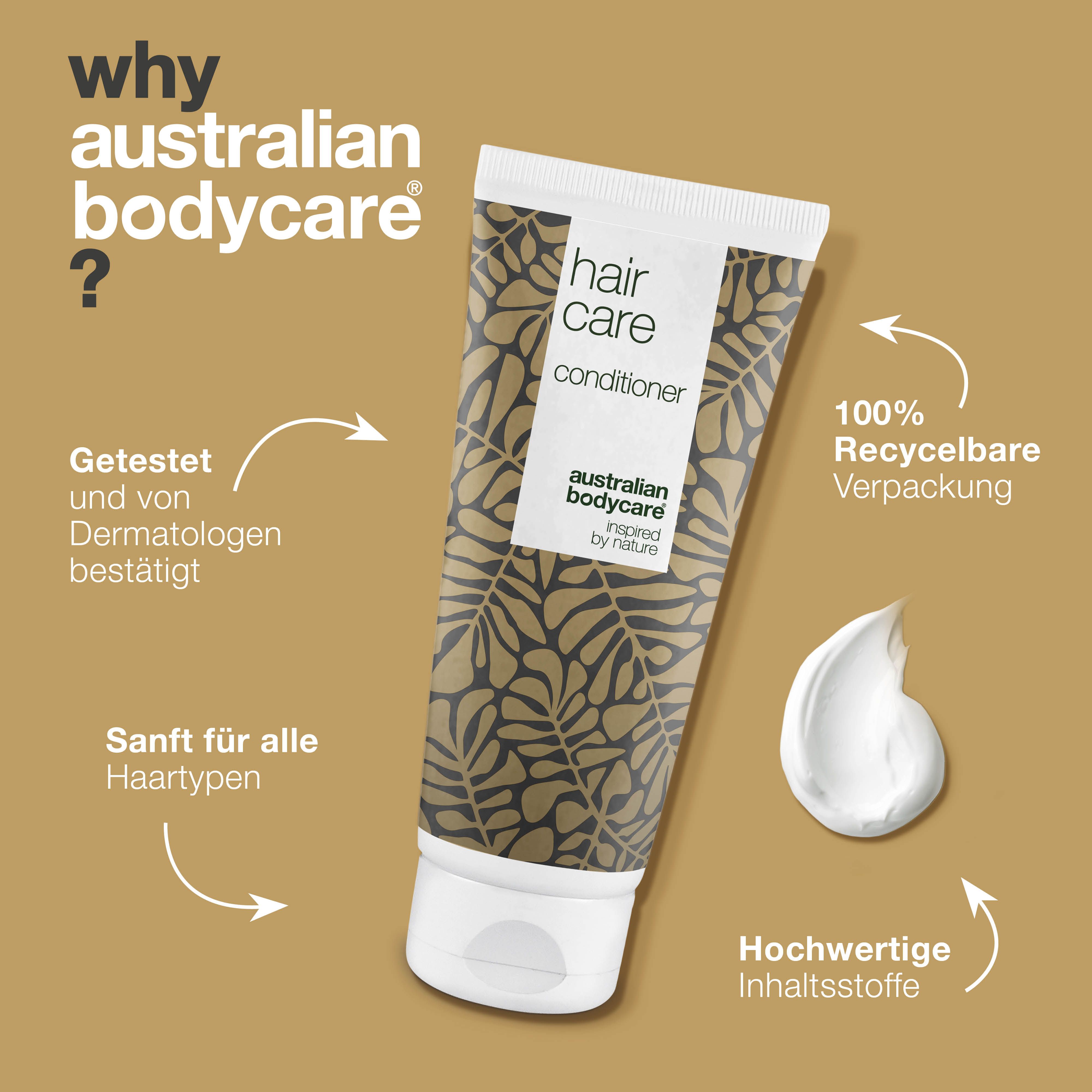 Tube mit Produkt und Text. Aufschrift: Hair Care, Conditioner, Australian Bodycare. Text: Getestet und von Dermatologen bestätigt.