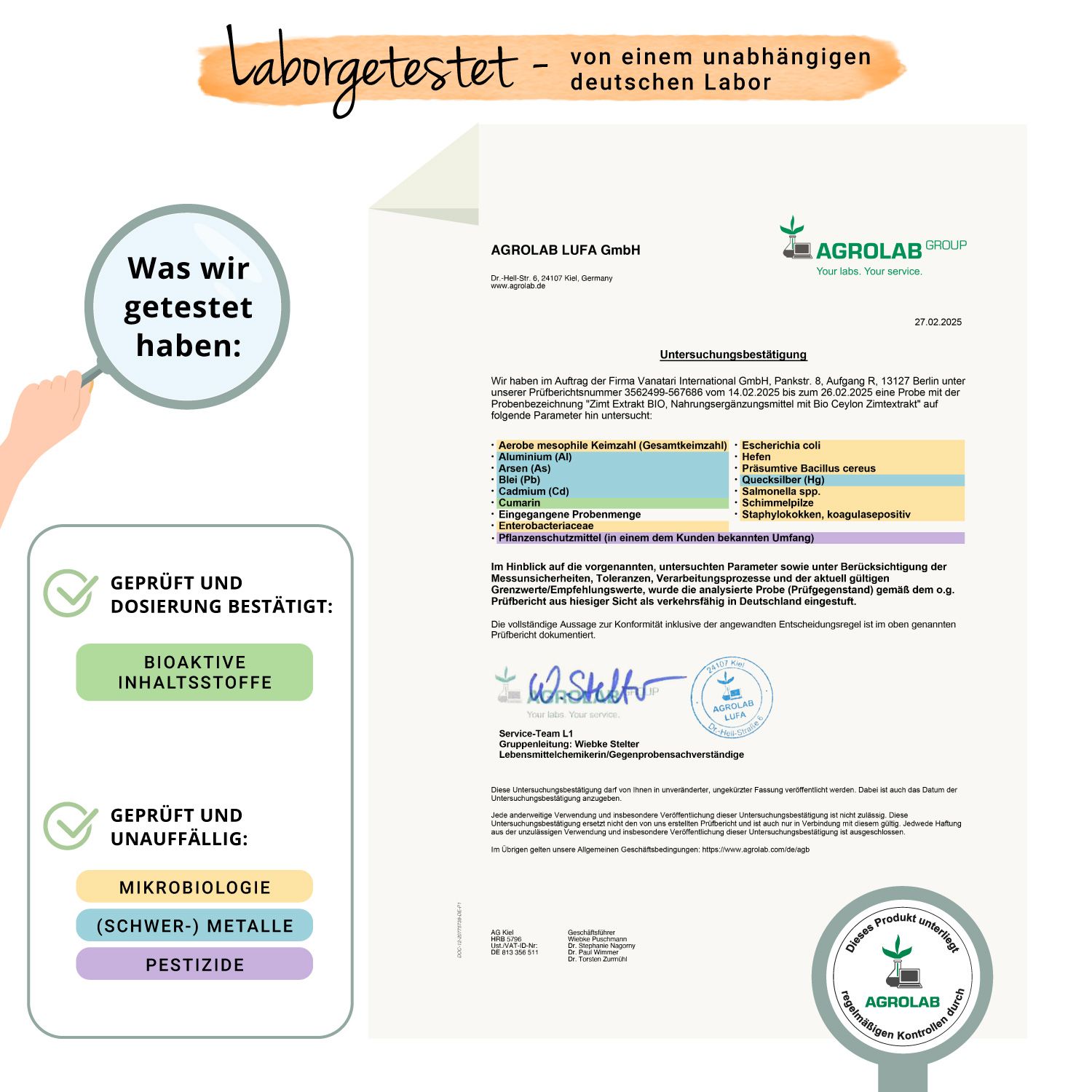 Zertifikat von AGROLAB LUFA GmbH. Text: Geprüft und Dosierung bestätigt. Geprüft und unauffällig: Mikrobiologie, Metalle, Pestizide.