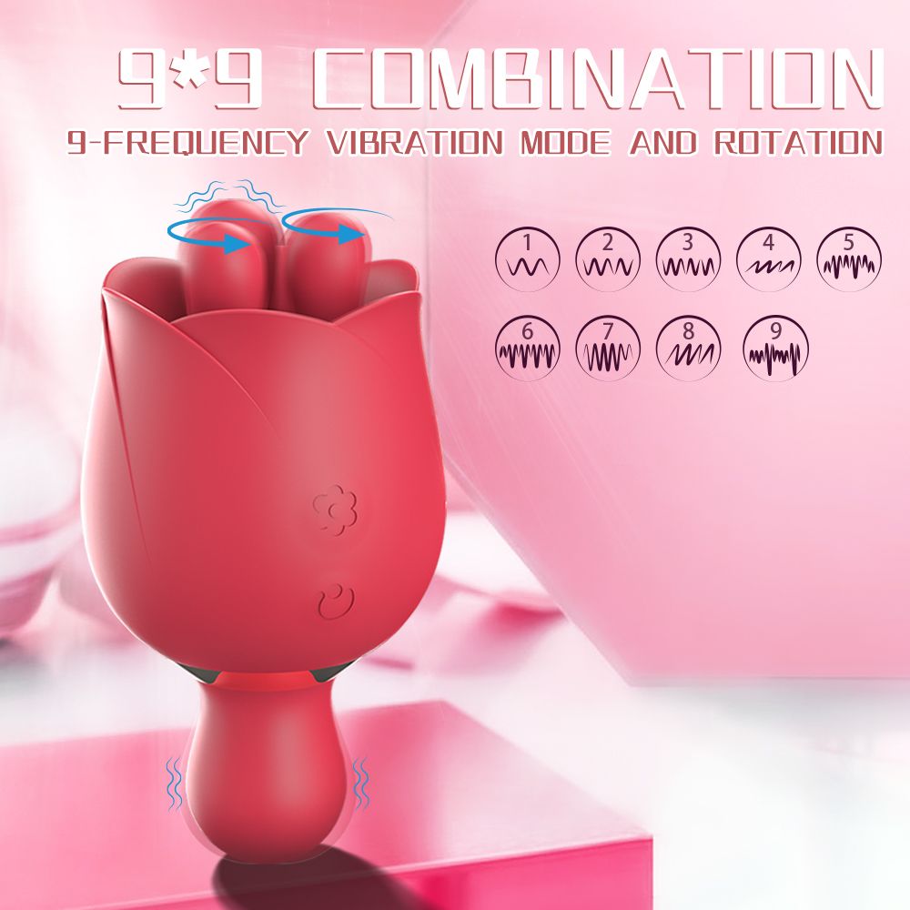 Roter Mini-Vibrator mit Vibrationsmodi. Text: 9*9 COMBINATION.