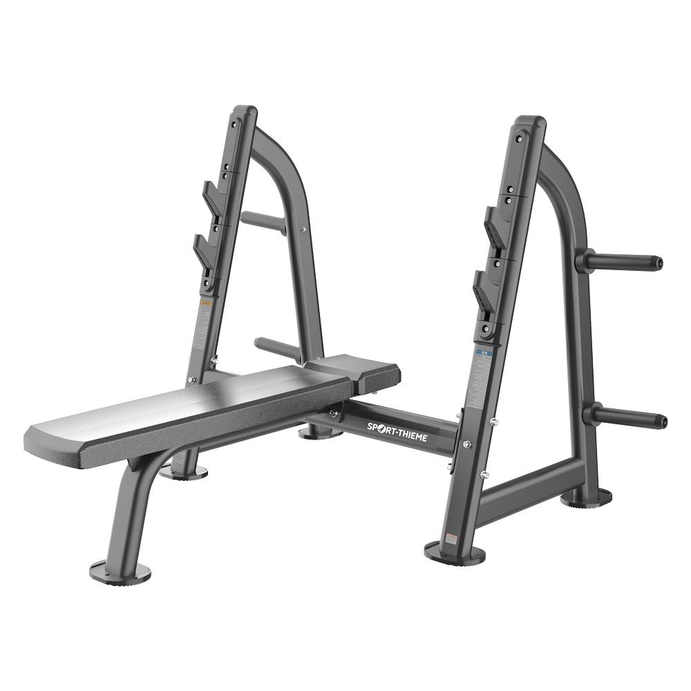Olympiabank 600. Graue Metallkonstruktion mit Polsterung. Hantelablagen und Halterungen. Marke: Sport-Thieme.