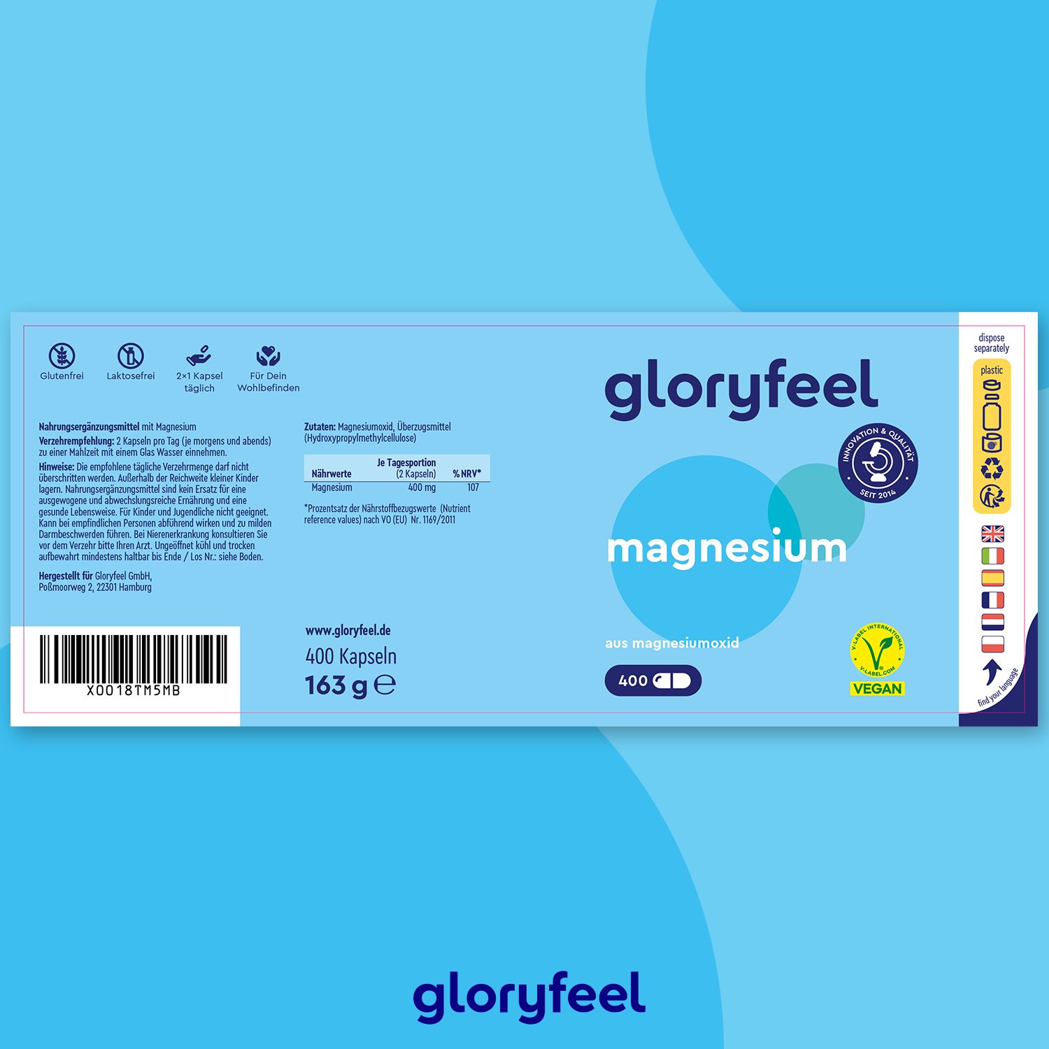 Hellblaue Produktverpackung mit Text. Aufschrift: gloryfeel Magnesium 400 Kapseln, 163 g, vegan. Enthält Informationen zu Inhaltsstoffen und Zertifizierungen.