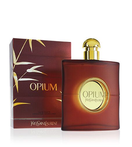Dunkelroter Flakon und Verpackung. Auf der Verpackung "Opium". Flakon mit goldenem Verschluss und goldenem Kreis mit "Opium".