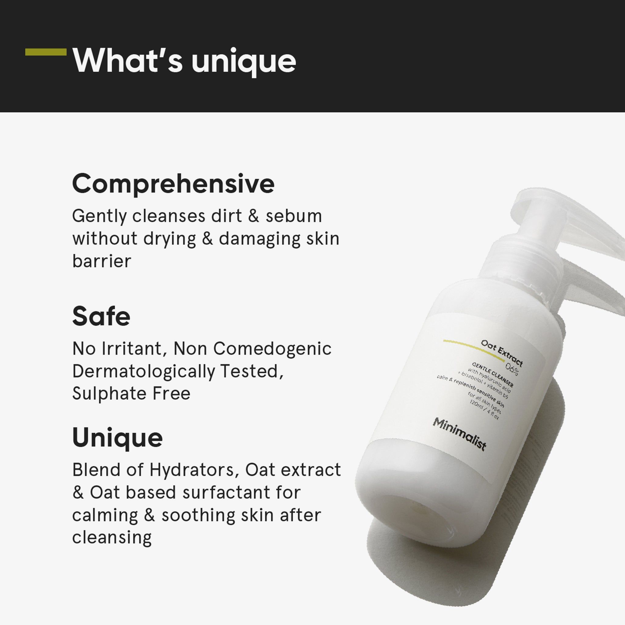 Grafik mit Text. Titel: What's unique. Beschreibungen von Eigenschaften. Produktflasche rechts.