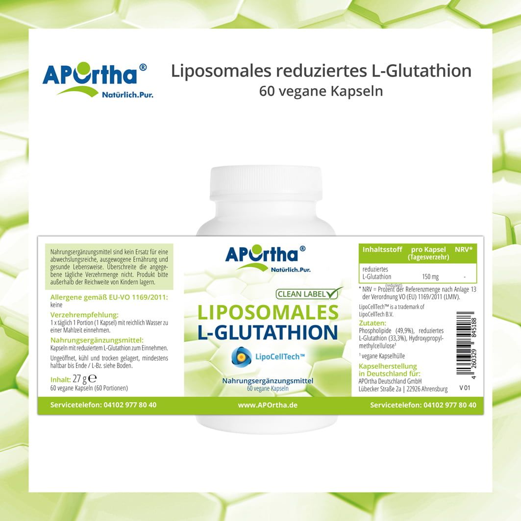 Weiße Flasche mit Etikett: APOrtha® Liposomales reduziertes L-Glutathion, 60 Kapseln. Inhaltsstoffe, Nährwertangaben, Clean Label.
